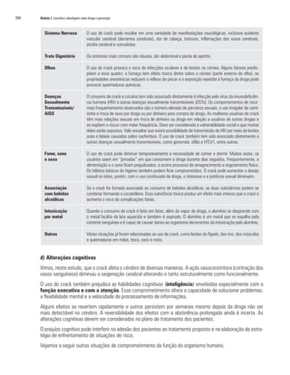 104   Módulo 2 Conceitos e abordagens sobre drogas e prevenção



         Sistema Nervoso                   O uso de crack pode resultar em uma variedade de manifestações neurológicas, inclusive acidente
                                           vascular cerebral (derrames cerebrais), dor de cabeça, tonturas, inflamações dos vasos cerebrais,
                                           atrofia cerebral e convulsões.

         Trato Digestório                  Os sintomas mais comuns são náusea, dor abdominal e perda de apetite.

         Olhos                             O uso do crack provoca o risco de infecções oculares e de lesões na córnea. Alguns fatores predis-
                                           põem a esse quadro: a fumaça tem efeito tóxico direto sobre a córnea (parte externa do olho), as
                                           propriedades anestésicas reduzem o reflexo de piscar e a exposição repetida à fumaça da droga pode
                                           provocar queimaduras químicas.

         Doenças                           O consumo de crack e cocaína tem sido associado diretamente à infecção pelo vírus da imunodeficiên-
         Sexualmente                       cia humana (HIV) e outras doenças sexualmente transmissíveis (DSTs). Os comportamentos de risco
         Transmissíveis/                   mais frequentemente observados são o número elevado de parceiros sexuais, o uso irregular de cami-
         AIDS                              sinha e troca de sexo por droga ou por dinheiro para compra de droga. As mulheres usuárias de crack
                                           têm mais relações sexuais em troca de dinheiro ou droga em relação a usuárias de outras drogas e
                                           se expõem a riscos com maior frequência. Deve ser considerada a vulnerabilidade social a que muitas
                                           delas estão expostas. Vale ressaltar que existe possibilidade de transmissão de HIV por meio de lesões
                                           orais e labiais causadas pelos cachimbos. O uso de crack também tem sido associado diretamente a
                                           outras doenças sexualmente transmissíveis, como gonorreia, sífilis e HTLV1, entre outras.

         Fome, sono                        O uso de crack pode diminuir temporariamente a necessidade de comer e dormir. Muitas vezes, os
         e sexo                            usuários saem em “jornadas” em que consomem a droga durante dias seguidos. Frequentemente, a
                                           alimentação e o sono ficam prejudicados, e ocorre processo de emagrecimento e esgotamento físico.
                                           Os hábitos básicos de higiene também podem ficar comprometidos. O crack pode aumentar o desejo
                                           sexual no início, porém, com o uso continuado da droga, o interesse e a potência sexual diminuem.

         Associação                        Se o crack for fumado associado ao consumo de bebidas alcoólicas, as duas substâncias podem se
         com bebidas                       combinar formando a cocaetileno. Essa substância tóxica produz um efeito mais intenso que o crack e
         alcoólicas                        aumenta o risco de complicações fatais.

         Intoxicação                       Quando o consumo de crack é feito em latas, além do vapor da droga, o alumínio se desprende com
         por metal                         o metal facilita da lata aquecida e também é aspirado. O alumínio é um metal que se espalha pela
                                           corrente sanguínea e é capaz de causar danos ao organismo decorrentes da intoxicação pelo alumínio.

         Outros                            Várias situações já foram relacionadas ao uso de crack, como lesões do fígado, dos rins, dos músculos
                                           e queimaduras em mãos, boca, nariz e rosto.


      d) Alterações cognitivas
      Vimos, neste estudo, que o crack afeta o cérebro de diversas maneiras. A ação vasoconstritora (contração dos
      vasos sanguíneos) diminuiu a oxigenação cerebral alterando-o tanto estruturalmente como funcionalmente.
      O uso do crack também prejudica as habilidades cognitivas (inteligência) envolvidas especialmente com a
      função executiva e com a atenção. Esse comprometimento altera a capacidade de solucionar problemas,
      a flexibilidade mental e a velocidade de processamento de informações.
      Alguns efeitos se revertem rapidamente e outros persistem por semanas mesmo depois da droga não ser
      mais detectável no cérebro. A reversibilidade dos efeitos com a abstinência prolongada ainda é incerta. As
      alterações cognitivas devem ser consideradas no plano de tratamento dos pacientes.
      O prejuízo cognitivo pode interferir na adesão dos pacientes ao tratamento proposto e na elaboração de estra-
      tégia de enfrentamento de situações de risco.
      Vejamos a seguir outras situações de comprometimento da função do organismo humano.
 