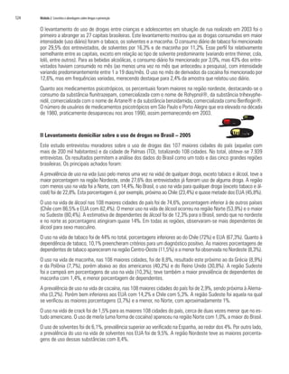124   Módulo 2 Conceitos e abordagens sobre drogas e prevenção


      O levantamento do uso de drogas entre crianças e adolescentes em situação de rua realizado em 2003 foi o
      primeiro a abranger as 27 capitais brasileiras. Este levantamento mostrou que as drogas consumidas em maior
      intensidade (uso diário) foram o tabaco, os solventes e a maconha. O consumo diário de tabaco foi mencionado
      por 29,5% dos entrevistados, de solventes por 16,3% e de maconha por 11,2%. Esse perfil foi relativamente
      semelhante entre as capitais, exceto em relação ao tipo de solvente predominante (variando entre thinner, cola,
      loló, entre outros). Para as bebidas alcoólicas, o consumo diário foi mencionado por 3,0%, mas 43% dos entre-
      vistados haviam consumido no mês (ao menos uma vez no mês que antecedeu a pesquisa), com intensidade
      variando predominantemente entre 1 a 19 dias/mês. O uso no mês de derivados da cocaína foi mencionado por
      12,6%, mas em frequências variadas, merecendo destaque para 2,4% da amostra que relatou uso diário.
      Quanto aos medicamentos psicotrópicos, os percentuais foram maiores na região nordeste, destacando-se o
      consumo da substância flunitrazepam, comercializada com o nome de Rohypnol®, da substância trihexyphe-
      nidil, comercializada com o nome de Artane® e da substância benzidamida, comercializada como Benflogin®.
      O número de usuários de medicamentos psicotrópicos em São Paulo e Porto Alegre que era elevado na década
      de 1980, praticamente desapareceu nos anos 1990, assim permanecendo em 2003.


      II Levantamento domiciliar sobre o uso de drogas no Brasil – 2005
      Este estudo entrevistou moradores sobre o uso de drogas das 107 maiores cidades do país (aquelas com
      mais de 200 mil habitantes) e da cidade de Palmas (TO), totalizando 108 cidades. No total, obteve-se 7.939
      entrevistas. Os resultados permitem a análise dos dados do Brasil como um todo e das cinco grandes regiões
      brasileiras. Os principais achados foram:
      A prevalência de uso na vida (uso pelo menos uma vez na vida) de qualquer droga, exceto tabaco e álcool, teve a
      maior porcentagem na região Nordeste, onde 27,6% dos entrevistados já fizeram uso de alguma droga. A região
      com menos uso na vida foi a Norte, com 14,4%. No Brasil, o uso na vida para qualquer droga (exceto tabaco e ál-
      cool) foi de 22,8%. Esta porcentagem é, por exemplo, próxima ao Chile (23,4%) e quase metade dos EUA (45,8%).
      O uso na vida de álcool nas 108 maiores cidades do país foi de 74,6%, porcentagem inferior à de outros países
      (Chile com 86,5% e EUA com 82,4%). O menor uso na vida de álcool ocorreu na região Norte (53,9%) e o maior
      no Sudeste (80,4%). A estimativa de dependentes de álcool foi de 12,3% para o Brasil, sendo que no nordeste
      e no norte as porcentagens atingiram quase 14%. Em todas as regiões, observaram-se mais dependentes de
      álcool para sexo masculino.
      O uso na vida de tabaco foi de 44% no total, porcentagens inferiores ao do Chile (72%) e EUA (67,3%). Quanto à
      dependência de tabaco, 10,1% preencheram critérios para um diagnóstico positivo. As maiores porcentagens de
      dependentes de tabaco apareceram na região Centro-Oeste (11,5%) e a menor foi observada no Nordeste (8,3%).
      O uso na vida de maconha, nas 108 maiores cidades, foi de 8,8%, resultado este próximo ao da Grécia (8,9%)
      e da Polônia (7,7%), porém abaixo ao dos americanos (40,2%) e do Reino Unido (30,8%). A região Sudeste
      foi a campeã em porcentagens de uso na vida (10,3%); teve também a maior prevalência de dependentes de
      maconha com 1,4%, e menor porcentagem de dependentes.
      A prevalência de uso na vida de cocaína, nas 108 maiores cidades do país foi de 2,9%, sendo próxima à Alema-
      nha (3,2%). Porém bem inferiores aos EUA com 14,2% e Chile com 5,3%. A região Sudeste foi aquela na qual
      se verificou as maiores porcentagens (3,7%) e a menor, no Norte, com aproximadamente 1%.
      O uso na vida de crack foi de 1,5% para as maiores 108 cidades do país, cerca de duas vezes menor que no es-
      tudo americano. O uso de merla (uma forma de cocaína) apareceu na região Norte com 1,0%, a maior do Brasil.
      O uso de solventes foi de 6,1%, prevalência superior ao verificado na Espanha, ao redor dos 4%. Por outro lado,
      a prevalência do uso na vida de solventes nos EUA foi de 9,5%. A região Nordeste teve as maiores porcenta-
      gens de uso dessas substâncias com 8,4%.
 