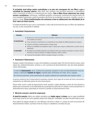 234   Módulo 4 Ações preventivas do uso de drogas na escola


      A sociedade atual abriga muitas contradições e os pais não conseguem dar aos filhos o que a
      sociedade de consumo valoriza. Além disso, eles convivem com processos perversos e contraditórios
      como a erotização na infância e a infantilização dos adultos. Pais e filhos ficam vulneráveis das crises
      sociais e econômicas: urbanização, mobilidade geográfica, desemprego, anonimato das relações dentro de
      uma sociedade fragmentada, perda do prestígio e das fontes de socialização normativas: a família, a escola, a
      justiça e a igreja. Essas transformações nas estruturas criam no adolescente uma dificuldade de se
      fixar sobre um futuro incerto.
      O modelo de família em que o pai é o mantenedor, a mãe cuida da harmonia da casa e os filhos são obedientes
      aos pais, já não corresponde à realidade.

      ƒ Autoridade X Autoritarismo

              Conceito                                                                 Definição
                                     n   Resulta de um exercício equivocado de autoridade, realizado por meio da imposição da vontade do adulto
                                         sem respeitar a da criança.
        O autoritarismo
                                     n    O que caracteriza o autoritarismo é o predomínio de uma relação de violência baseada em ameaças.
                                     n    A postura autoritária é amedrontadora e impinge medo.
                                     n    Refere-se à habilidade de estabelecer regras e valores para crianças e adolescentes e permitir atos de
                                          negociação.
        A autoridade                 n    Na relação de autoridade predomina uma relação de afeto que assegura a proteção da criança e do ado-
                                          lescente, por meio do exemplo e do diálogo respeitoso, aberto e sincero.
                                     n    A postura de autoridade é afetiva e assegura proteção e os limites.


      ƒ Autonomia X Heteronomia
      Qualquer relação interindividual, ou seja, entre indivíduos, pressupõe regras. No início da vida da criança, essas
      regras são, predominantemente, externas e, com o processo de desenvolvimento, elas vão sendo gradativa-
      mente interiorizadas.

        A moral da heteronomia, isto é, ausência de autonomia, presente no início do desenvolvimento moral da
        criança, é dada pelo respeito às regras, inspirado pelos sentimentos de medo, amor e sagrado.
        Na moral da autonomia, esses sentimentos de respeito unilateral são substituídos pelo respeito mútuo.

      A pessoa autônoma não é impermeável às questões culturais; ela é capaz de se inserir de forma consciente e
      competente nos diferentes pontos de vista socioculturais.
      Desse modo, ocorre a saída do egocentrismo inicial, quando o sujeito abandona o ponto de vista absoluto e
      próprio para conscientizar-se da relatividade da sua perspectiva particular em relação a outras perspectivas. O
      desenvolvimento dessa capacidade de raciocínio é paralelo ao desenvolvimento moral.

      ƒ Moral da coerção e moral da cooperação
      A moral da coerção implica uma relação assimétrica que impõe regras à criança, que as segue acreditando
      serem boas, já que as tem como sagradas, porque foram dadas por “autoridades” por quem ela sente medo ou amor.
      Esse padrão de relação calcada em uma diferença real entre o adulto e a criança faz parte do processo de
      desenvolvimento infantil; a primeira moral da criança é a obediência à vontade dos pais.
 