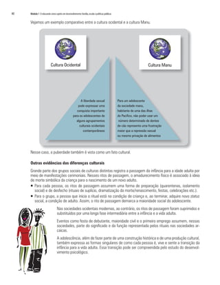 40   Módulo 1 O educando como sujeito em desenvolvimento: família, escola e políticas públicas


     Vejamos um exemplo comparativo entre a cultura ocidental e a cultura Manu.




                           Cultura Ocidental                                                                           Cultura Manu




                                                         A liberdade sexual                      Para um adolescente
                                                       pode expressar uma                        da sociedade manu,
                                                      conquista importante                       habitante de uma das ilhas
                                                   para os adolescentes de                       do Pacífico, não poder usar um
                                                     alguns agrupamentos                          número determinado de dentes
                                                        culturais ocidentais                     de cão representa uma frustração
                                                           contamporâneos                        maior que a repressão saxual
                                                                                                 ou mesmo privação de alimentos



     Nesse caso, a puberdade também é vista como um fato cultural.

     Outras evidências das diferenças culturais
     Grande parte dos grupos sociais de culturas distintas registra a passagem da infância para a idade adulta por
     meio de manifestações cerimoniais. Nesses ritos de passagem, o amadurecimento físico é associado à ideia
     de morte simbólica da criança para o nascimento de um novo adulto.
     ƒ Para cada pessoa, os ritos de passagem assumem uma forma de preparação (quarentenas, isolamento
       social) e de desfecho (rituais de suplício, dramatização da morte/renascimento, festas, celebrações etc.).
     ƒ Para o grupo, a pessoa que inicia o ritual está na condição de criança e, ao terminar, adquire novo status
       social, a condição de adulto. Assim, o rito de passagem demarca a maioridade social do adolescente.
                                  Nas sociedades ocidentais modernas, ao contrário, os ritos de passagem foram suprimidos e
                                  substituídos por uma longa fase intermediária entre a infância e a vida adulta.
                                  Eventos como festa de debutante, maioridade civil e o primeiro emprego assumem, nessas
                                  sociedades, parte do significado e da função representada pelos rituais nas sociedades ar-
                                  caicas.
                                  A adolescência, além de fazer parte de uma construção histórica e de uma produção cultural,
                                  também expressa as formas singulares de como cada pessoa é, vive e sente a transição da
                                  infância para a vida adulta. Essa transição pode ser compreendida pelo estudo do desenvol-
                                  vimento psicológico.
 