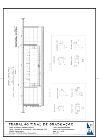 PROJETO PAISAGISMO

13

Curso: Design de Interiores

Designer: Renata Bellon
Orientador: Prof. M.Sc. Wilson Barbosa Neto

Data: 06.11.2013
Esc.1:50

13

Projeto de Interiores: Banheiro Feminino

 