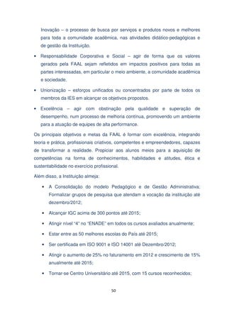 Inovação – o processo de busca por serviços e produtos novos e melhores
para toda a comunidade acadêmica, nas atividades didático-pedagógicas e
de gestão da Instituição.
• Responsabilidade Corporativa e Social – agir de forma que os valores
gerados pela FAAL sejam refletidos em impactos positivos para todas as
partes interessadas, em particular o meio ambiente, a comunidade acadêmica
e sociedade.
• Unionização – esforços unificados ou concentrados por parte de todos os
membros da IES em alcançar os objetivos propostos.
• Excelência – agir com obstinação pela qualidade e superação de
desempenho, num processo de melhoria contínua, promovendo um ambiente
para a atuação de equipes de alta performance.
Os principais objetivos e metas da FAAL é formar com excelência, integrando
teoria e prática, profissionais criativos, competentes e empreendedores, capazes
de transformar a realidade. Propiciar aos alunos meios para a aquisição de
competências na forma de conhecimentos, habilidades e atitudes, ética e
sustentabilidade no exercício profissional.
Além disso, a Instituição almeja:
•

A Consolidação do modelo Pedagógico e de Gestão Administrativa;
Formalizar grupos de pesquisa que atendam a vocação da instituição até
dezembro/2012;

•

Alcançar IGC acima de 300 pontos até 2015;

•

Atingir nível “4” no “ENADE” em todos os cursos avaliados anualmente;

•

Estar entre as 50 melhores escolas do País até 2015;

•

Ser certificada em ISO 9001 e ISO 14001 até Dezembro/2012;

•

Atingir o aumento de 25% no faturamento em 2012 e crescimento de 15%
anualmente até 2015;

•

Tornar-se Centro Universitário até 2015, com 15 cursos reconhecidos;

50

 