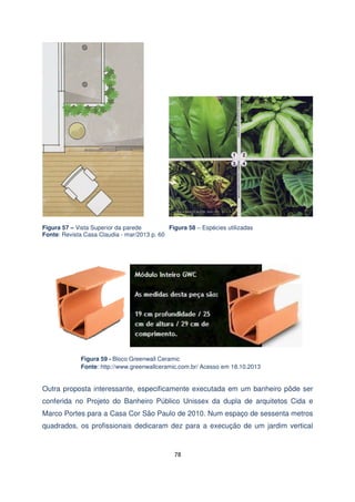 Figura 57 – Vista Superior da parede
Figura 58 – Espécies utilizadas
Fonte: Revista Casa Claudia - mar/2013 p. 60

Figura 59 - Bloco Greenwall Ceramic
Fonte: http://www.greenwallceramic.com.br/ Acesso em 18.10.2013

Outra proposta interessante, especificamente executada em um banheiro pôde ser
conferida no Projeto do Banheiro Público Unissex da dupla de arquitetos Cida e
Marco Portes para a Casa Cor São Paulo de 2010. Num espaço de sessenta metros
quadrados, os profissionais dedicaram dez para a execução de um jardim vertical

78

 