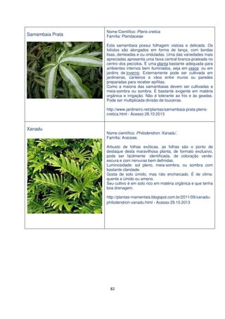 Samambaia Prata

Nome Científico: Pteris cretica
Família: Pteridaceae
Esta samambaia possui folhagem vistosa e delicada. Os
folíolos são alongados em forma de lança, com bordas
lisas, denteadas e ou onduladas. Uma das variedades mais
apreciadas apresenta uma faixa central branca-prateada no
centro dos pecíolos. É uma planta bastante adequada para
ambientes internos bem iluminados, seja em vasos ou em
jardins de inverno. Externamente pode ser cultivada em
jardineiras, canteiros e vãos entre muros ou paredes
preparadas para receber epífitas.
Como a maioria das samambaias devem ser cultivadas a
meia-sombra ou sombra. É bastante exigente em matéria
orgânica e irrigação. Não é tolerante ao frio e às geadas.
Pode ser multiplicada divisão de touceiras.
http://www.jardineiro.net/plantas/samambaia-prata-pteriscretica.html - Acesso 28.10.2013

Xanadu

Nome científico: Philodendron ‘Xanadu’.
Família: Araceae.
Arbusto de folhas exóticas, as folhas são o ponto de
destaque desta maravilhosa planta, de formato exclusivo,
pode ser facilmente identificada, de coloração verdeescura e com nervuras bem definidas.
Luminosidade: sol pleno, meia-sombra, ou sombra com
bastante claridade.
Gosta de solo úmido, mas não encharcado. É de clima:
quente e úmido ou ameno.
Seu cultivo é em solo rico em matéria orgânica e que tenha
boa drenagem.
http://plantas-rnamentais.blogspot.com.br/2011/09/xanaduphilodendron-xanadu.html - Acesso 29.10.2013

82

 