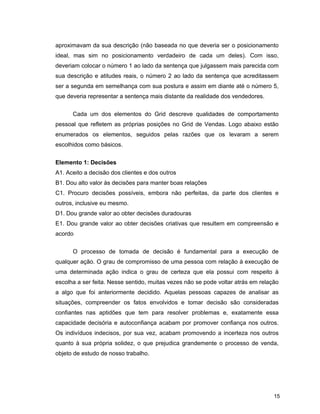15
aproximavam da sua descrição (não baseada no que deveria ser o posicionamento
ideal, mas sim no posicionamento verdadeiro de cada um deles). Com isso,
deveriam colocar o número 1 ao lado da sentença que julgassem mais parecida com
sua descrição e atitudes reais, o número 2 ao lado da sentença que acreditassem
ser a segunda em semelhança com sua postura e assim em diante até o número 5,
que deveria representar a sentença mais distante da realidade dos vendedores.
Cada um dos elementos do Grid descreve qualidades de comportamento
pessoal que refletem as próprias posições no Grid de Vendas. Logo abaixo estão
enumerados os elementos, seguidos pelas razões que os levaram a serem
escolhidos como básicos.
Elemento 1: Decisões
A1. Aceito a decisão dos clientes e dos outros
B1. Dou alto valor às decisões para manter boas relações
C1. Procuro decisões possíveis, embora não perfeitas, da parte dos clientes e
outros, inclusive eu mesmo.
D1. Dou grande valor ao obter decisões duradouras
E1. Dou grande valor ao obter decisões criativas que resultem em compreensão e
acordo
O processo de tomada de decisão é fundamental para a execução de
qualquer ação. O grau de compromisso de uma pessoa com relação à execução de
uma determinada ação indica o grau de certeza que ela possui com respeito à
escolha a ser feita. Nesse sentido, muitas vezes não se pode voltar atrás em relação
a algo que foi anteriormente decidido. Aquelas pessoas capazes de analisar as
situações, compreender os fatos envolvidos e tomar decisão são consideradas
confiantes nas aptidões que tem para resolver problemas e, exatamente essa
capacidade decisória e autoconfiança acabam por promover confiança nos outros.
Os indivíduos indecisos, por sua vez, acabam promovendo a incerteza nos outros
quanto à sua própria solidez, o que prejudica grandemente o processo de venda,
objeto de estudo de nosso trabalho.
 