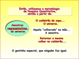 Então, utilizamos a metodologia  de Pesquisa Quantitativa, obtida a partir de: Amostras  representativas  do universo O caldeirão de sopa...  O universo. Aquela “colherada” na mão...  A amostra. Retornar a mesma  colher no caldeirão... O gostinho especial, que ninguém faz igual. 