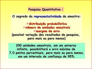O segredo da  representatividade  da amostra: distribuição probabilística número de unidades amostrais margem de erro (possível variação dos resultados da pesquisa,  para mais ou para menos) Pesquisa Quantitativa : 200 unidades amostrais, em um universo  infinito, possibilitará o erro máximo de  7,0 pontos percentuais, para mais ou para menos, em um intervalo de confiança de 95%. 