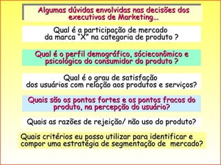 Qual é a participação de mercado  da marca “X” na categoria de produto ? Qual é o perfil demográfico, sócieconômico e psicológico do consumidor do produto ? Qual é o grau de satisfação  dos usuários com relação aos produtos e serviços? Quais as razões de rejeição/ não uso do produto? Quais são os pontos fortes e os pontos fracos do produto, na percepção do usuário? Algumas dúvidas envolvidas nas decisões dos executivos de Marketing... Quais critérios eu posso utilizar para identificar e compor uma estratégia de segmentação de  mercado? 