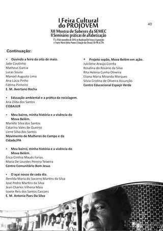  Ouvindo a feira da oito de maio.
Jade Cou nho
Matheus Garcia
Lucas Souza
Manoel Augusto Lima
Ana Lúcia Pinho
Fá ma Pinheiro
E. M. Avertano Rocha
 Educação ambiental e a prá ca da reciclagem.
Ana Zilda dos Santos
COBAJUR
 Meu bairro, minha história e a vivência do
Mova Belém.
Marlete Silva dos Santos
Catarina Vales de Queiroz
Liene Silva dos Santos
Movimento de Mulheres do Campo e da
Cidade/PA
 Meu bairro, minha história e a vivência do
Mova Belém.
Érica Cinthia Maués Farias.
Maria De Lourdes Pereira Teixeira
Centro Comunitário Bom Jesus
 O açaí nosso de cada dia.
Denilda Maria do Socorro Mar ns da Silva
José Pedro Mar ns da Silva
Jean Charles Vilhena Maia
Izaete Reis dos Santos Cascaes
E. M. Antonia Paes Da Silva
 Projeto sopão, Mova Belém em ação.
Julcilene Araujo Corrêa
Rosalina do Rosário da Silva
Rita Helena Cunha Oliveira
Eliana Maria Miranda Marques
Silvia Cris na de Oliveira Assunção
Centro Educacional Espaço Verde
Continuação:
40
 