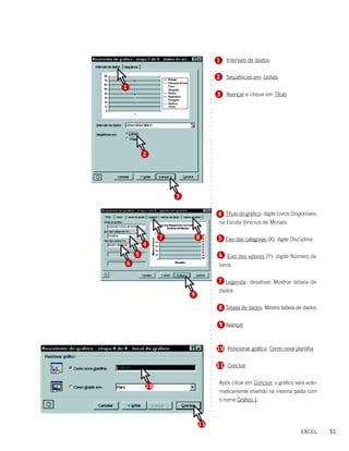 ○
                                      1   Intervalo de dados:




                                  ○
                                  ○
                                  ○
                                      2   Seqüências em: Linhas




                                  ○
                                  ○
1




                                  ○
                                  ○
                                      3   Avançar e clique em Título




                                  ○
                                  ○
                                  ○
                                  ○
                                  ○
                                  ○
                                  ○
                                  ○
                                  ○
                                  ○
                                  ○
                                  ○
                                  ○
            2




                                  ○
                                  ○
                                  ○
                                  ○
                                  ○
                                  ○
                                  ○
                                  ○
                                  ○
                     3

                                  ○
                                  ○
                                  ○
                                  ○



                                      4 Título do gráfico: digite Livros Disponíveis
                                  ○
                                  ○




                                      na Escola Vinicius de Moraes
                                  ○
                                  ○
                                  ○




                 7           8
                                  ○




                                      5 Eixo das categorias (X): digite Disciplina
                                  ○




            4
                                  ○
                                  ○




        5                              6 Eixo dos valores (Y): digite Número de
                                  ○
                                  ○




    6
                                  ○




                                       livros
                                  ○
                                  ○
                                  ○




                                      7 Legenda: desativar Mostrar tabela de
                                  ○
                                  ○




                                       dados
                                  ○




                         9
                                  ○
                                  ○
                                  ○




                                      8 Tabela de dados: Mostra tabela de dados
                                  ○
                                  ○
                                  ○
                                  ○




                                       9 Avançar
                                  ○
                                  ○
                                  ○
                                  ○
                                  ○




                                      1 0 Posicionar gráfico: Como nova planilha
                                  ○
                                  ○
                                  ○
                                  ○




                                      1 1 Concluir
                                  ○
                                  ○
                                  ○
                                  ○




                                       Após clicar em Concluir, o gráfico será auto-
            10
                                  ○
                                  ○




                                       maticamente inserido na mesma pasta com
                                  ○
                                  ○




                                       o nome Gráfico 1.
                                  ○
                                  ○
                                  ○




                             11
                                                                            EXCEL      51
 