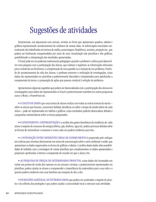 Sugestões de atividades
         Diariamente, nos deparamos com jornais, revistas ou livros que apresentam quadros, tabelas e
     gráficos representando acontecimentos do cotidiano de nossas vidas. As informações veiculadas nor-
     malmente são trabalhadas em termos de média, porcentagem, freqüência, amostra, projeção etc., que
     podem ser facilmente compreendidos por meio de uma visualização das planilhas e dos gráficos,
     possibilitando a interpretação dos resultados apresentados.
         O Excel pode ser um poderoso instrumento pedagógico quando o professor o utiliza para desenvol-
     ver uma pesquisa com a participação dos alunos, que coletam e registram as informações relevantes
     para o estudo de um fenômeno, a compreensão de uma questão ou a solução de um problema. Partin-
     do de acontecimentos da vida dos alunos, o professor promove a realização de investigações, cujos
     dados são representados em planilhas e posteriormente discutidos e interpretados para aprofundar a
     compreensão do tema e a proposição de ações que possam conduzir à solução do problema.

         Apresentamos algumas sugestões que podem ser desencadeadas com a participação dos alunos em
     investigações cujos dados são representados no Excel e posteriormente inseridos em outros programas
     como o Word, o PowerPoint etc.

        • A COLETA DE DADOS que uma turma de alunos realiza com todas as outras turmas da escola –
     sobre os alunos que fumam, consomem bebidas alcoólicas ou sobre o tempo de estudo diário de cada
     aluno – pode ser representada em tabelas e gráficos, cujos resultados poderão desencadear debates e
     campanhas esclarecedoras sobre os temas pesquisados.

         • O LEVANTAMENTO, A REPRESENTAÇÃO e a análise dos gastos domésticos da residência de cada
     aluno a respeito do consumo de energia elétrica, gás, telefone, água etc. podem provocar debates sobre
     as formas de racionalizar o consumo e como cada um poderá colaborar para isso.

        • A INTEGRAÇÃO ENTRE DIFERENTES ÁREAS DE CONHECIMENTO é propiciada pelo enfoque
     em notícias que circulam diariamente nos meios de comunicação sobre o meio ambiente e saúde, que
     apresentam os dados organizados na forma de gráficos e tabelas. A análise destes dados abre possibili-
     dades de trabalho com a montagem de outras planilhas que complementam os dados apresentados e
     propiciam aprofundar a leitura e compreesão do mundo em que o aluno vive.

          • AS PESQUISAS DE PREÇOS DE DETERMINADOS PRODUTOS, cujos dados são levantados em
     visitas aos pontos-de-venda dos mesmos ou em jornais e revistas, e posteriormente representados em
     planilhas, podem ajudar os alunos a compreender a importância da matemática para a sua vida e o
     quanto podem colaborar com suas famílias nas compras do dia-a-dia.

         • EM REGIÕES AGRÍCOLAS, HÁ INÚMEROS DADOS que podem ser analisados a respeito do plan-
     tio e da colheita das produções e que podem ajudar a comunidade local a otimizar suas atividades.


54   APRENDER CONSTRUINDO
 