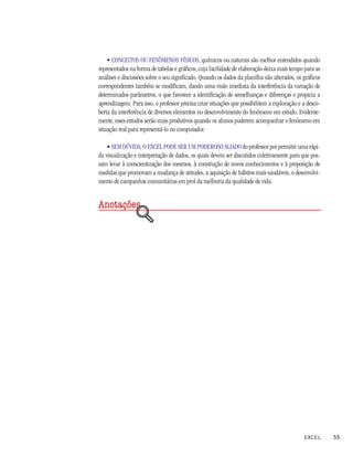 • CONCEITOS OU FENÔMENOS FÍSICOS, químicos ou naturais são melhor entendidos quando
representados na forma de tabelas e gráficos, cuja facilidade de elaboração deixa mais tempo para as
análises e discussões sobre o seu significado. Quando os dados da planilha são alterados, os gráficos
correspondentes também se modificam, dando uma visão imediata da interferência da variação de
determinados parâmetros, o que favorece a identificação de semelhanças e diferenças e propicia a
aprendizagem. Para isso, o professor precisa criar situações que possibilitem a exploração e a desco-
berta da interferência de diversos elementos no desenvolvimento do fenômeno em estudo. Evidente-
mente, esses estudos serão mais produtivos quando os alunos puderem acompanhar o fenômeno em
situação real para representá-lo no computador.

    • SEM DÚVIDA, O EXCEL PODE SER UM PODEROSO ALIADO do professor por permitir uma rápi-
da visualização e interpretação de dados, os quais devem ser discutidos coletivamente para que pos-
sam levar à conscientização dos mesmos, à construção de novos conhecimentos e à proposição de
medidas que promovam a mudança de atitudes, a aquisição de hábitos mais saudáveis, o desenvolvi-
mento de campanhas comunitárias em prol da melhoria da qualidade de vida.


Anotações




                                                                                             EXCEL      55
 