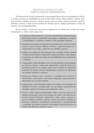 OBJETIVOS GERAIS DE ARTE
                          PARA O ENSINO FUNDAMENTAL
       No transcorrer do ensino fundamental, o aluno poderá desenvolver sua competência estética
e artística nas diversas modalidades da área de Arte (Artes Visuais, Dança, Música, Teatro), tanto
para produzir trabalhos pessoais e grupais quanto para que possa, progressivamente, apreciar,
desfrutar, valorizar e julgar os bens artísticos de distintos povos e culturas produzidos ao longo da
história e na contemporaneidade.

     Nesse sentido, o ensino de Arte deverá organizar-se de modo que, ao final do ensino
fundamental, os alunos sejam capazes de:

            • expressar e saber comunicar-se em artes mantendo uma atitude de busca
              pessoal e/ou coletiva, articulando a percepção, a imaginação, a emoção,
              a sensibilidade e a reflexão ao realizar e fruir produções artísticas;

            • interagir com materiais, instrumentos e procedimentos variados em artes
              (Artes Visuais, Dança, Música, Teatro), experimentando-os e
              conhecendo-os de modo a utilizá-los nos trabalhos pessoais;

            • edificar uma relação de autoconfiança com a produção artística pessoal
              e conhecimento estético, respeitando a própria produção e a dos colegas,
              no percurso de criação que abriga uma multiplicidade de procedimentos
              e soluções;

            • compreender e saber identificar a arte como fato histórico contextualizado
              nas diversas culturas, conhecendo respeitando e podendo observar as
              produções presentes no entorno, assim como as demais do patrimônio
              cultural e do universo natural, identificando a existência de diferenças
              nos padrões artísticos e estéticos;

            • observar as relações entre o homem e a realidade com interesse e
              curiosidade, exercitando a discussão, indagando, argumentando e
              apreciando arte de modo sensível;

            • compreender e saber identificar aspectos da função e dos resultados do
              trabalho do artista, reconhecendo, em sua própria experiência de
              aprendiz, aspectos do processo percorrido pelo artista;

            • buscar e saber organizar informações sobre a arte em contato com
              artistas, documentos, acervos nos espaços da escola e fora dela (livros,
              revistas, jornais, ilustrações, diapositivos, vídeos, discos, cartazes) e
              acervos públicos (museus, galerias, centros de cultura, bibliotecas,
              fonotecas, videotecas, cinematecas), reconhecendo e compreendendo
              a variedade dos produtos artísticos e concepções estéticas presentes na
              história das diferentes culturas e etnias.




                                                 39
 