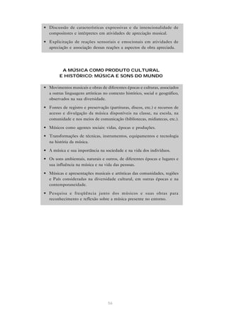 • Discussão de características expressivas e da intencionalidade de
  compositores e intérpretes em atividades de apreciação musical.

• Explicitação de reações sensoriais e emocionais em atividades de
  apreciação e associação dessas reações a aspectos da obra apreciada.




         A MÚSICA COMO PRODUTO CULTURAL
        E HISTÓRICO: MÚSICA E SONS DO MUNDO

• Movimentos musicais e obras de diferentes épocas e culturas, associados
  a outras linguagens artísticas no contexto histórico, social e geográfico,
  observados na sua diversidade.

• Fontes de registro e preservação (partituras, discos, etc.) e recursos de
  acesso e divulgação da música disponíveis na classe, na escola, na
  comunidade e nos meios de comunicação (bibliotecas, midiatecas, etc.).

• Músicos como agentes sociais: vidas, épocas e produções.
• Transformações de técnicas, instrumentos, equipamentos e tecnologia
  na história da música.

• A música e sua importância na sociedade e na vida dos indivíduos.
• Os sons ambientais, naturais e outros, de diferentes épocas e lugares e
  sua influência na música e na vida das pessoas.

• Músicas e apresentações musicais e artísticas das comunidades, regiões
  e País consideradas na diversidade cultural, em outras épocas e na
  contemporaneidade.

• Pesquisa e freqüência junto dos músicos e suas obras para
  reconhecimento e reflexão sobre a música presente no entorno.




                                    56
 