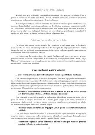 CRITÉRIOS DE AVALIAÇÃO

      Avaliar é uma ação pedagógica guiada pela atribuição de valor apurada e responsável que o
professor realiza das atividades dos alunos. Avaliar é também considerar o modo de ensinar os
conteúdos que estão em jogo nas situações de aprendizagem.

      Avaliar implica conhecer como os conteúdos de Arte são assimilados pelos estudantes a cada
momento da escolaridade e reconhecer os limites e a flexibilidade necessários para dar oportunida-
de à coexistência de distintos níveis de aprendizagem, num mesmo grupo de alunos. Para isso, o
professor deve saber o que é adequado dentro de um campo largo de aprendizagem para cada nível
escolar, ou seja, o que é relevante o aluno praticar e saber nessa área.



                           Critérios de avaliação em Arte
      Da mesma maneira que na apresentação dos conteúdos, as indicações para a avaliação não
estão divididas por ciclos, em face da possibilidade das indicações das linguagens artísticas a critério
das escolas e da sua seqüência no andamento curricular. Assim, estão apresentadas separadamente
as indicações para cada modalidade artística.

      No transcorrer das quatro séries do ensino fundamental, espera-se que os alunos,
progressivamente, adquiram competências de sensibilidade e de cognição em Artes Visuais, Dança,
Música e Teatro, perante a sua produção de arte e o contato com o patrimônio artístico, exercitando
sua cidadania cultural com qualidade.


                            AVALIAÇÃO DE ARTES VISUAIS

      • Criar formas artísticas demonstrando algum tipo de capacidade ou habilidade

       Com este critério pretende-se avaliar se o aluno produz formas no espaço bi e tridimensional,
desenvolvendo um percurso de criação individual ou coletivo articulando percepção, imaginação, emoções e
idéias, na experimentação com materiais e suportes, sabendo utilizar técnicas e procedimentos, mostrando
empenho em superar-se. O professor poderá observar se o aluno busca aperfeiçoar seus conhecimentos
apesar de suas dificuldades e se valoriza suas conquistas.
      • Estabelecer relações com o trabalho de arte produzido por si e por outras pessoas
        sem discriminações estéticas, artísticas, étnicas e de gênero
      Com este critério pretende-se avaliar se o aluno sabe identificar e argumentar sobre valor e
gosto em relação às imagens produzidas por si mesmo, pelos colegas e por outros, respeitando o
processo de criação pessoal e social, ao mesmo tempo que participa cooperativamente na relação
de trabalho com colegas, professores e outros grupos.
      • Identificar alguns elementos da linguagem visual que se encontram em múltiplas
        realidades
      Com este critério pretende-se avaliar se o aluno reconhece alguns elementos da linguagem
visual em objetos e imagens que podem ser naturais ou fabricados. A identificação de tais elementos
concretiza-se quando o aluno percebe, analisa e produz formas visuais.
      • Reconhecer e apreciar vários trabalhos e objetos de arte por meio das próprias
        emoções, reflexões e conhecimentos

                                                   63
 