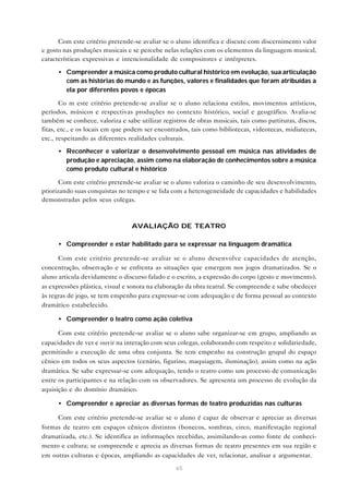 Com este critério pretende-se avaliar se o aluno identifica e discute com discernimento valor
e gosto nas produções musicais e se percebe nelas relações com os elementos da linguagem musical,
características expressivas e intencionalidade de compositores e intérpretes.

      • Compreender a música como produto cultural histórico em evolução, sua articulação
        com as histórias do mundo e as funções, valores e finalidades que foram atribuídas a
        ela por diferentes povos e épocas

       Co m este critério pretende-se avaliar se o aluno relaciona estilos, movimentos artísticos,
períodos, músicos e respectivas produções no contexto histórico, social e geográfico. Avalia-se
também se conhece, valoriza e sabe utilizar registros de obras musicais, tais como partituras, discos,
fitas, etc., e os locais em que podem ser encontrados, tais como bibliotecas, videotecas, midiatecas,
etc., respeitando as diferentes realidades culturais.

      • Reconhecer e valorizar o desenvolvimento pessoal em música nas atividades de
        produção e apreciação, assim como na elaboração de conhecimentos sobre a música
        como produto cultural e histórico

       Com este critério pretende-se avaliar se o aluno valoriza o caminho de seu desenvolvimento,
priorizando suas conquistas no tempo e se lida com a heterogeneidade de capacidades e habilidades
demonstradas pelos seus colegas.



                                 AVALIAÇÃO DE TEATRO

      • Compreender e estar habilitado para se expressar na linguagem dramática

      Com este critério pretende-se avaliar se o aluno desenvolve capacidades de atenção,
concentração, observação e se enfrenta as situações que emergem nos jogos dramatizados. Se o
aluno articula devidamente o discurso falado e o escrito, a expressão do corpo (gesto e movimento),
as expressões plástica, visual e sonora na elaboração da obra teatral. Se compreende e sabe obedecer
às regras de jogo, se tem empenho para expressar-se com adequação e de forma pessoal ao contexto
dramático estabelecido.

      • Compreender o teatro como ação coletiva

      Com este critério pretende-se avaliar se o aluno sabe organizar-se em grupo, ampliando as
capacidades de ver e ouvir na interação com seus colegas, colaborando com respeito e solidariedade,
permitindo a execução de uma obra conjunta. Se tem empenho na construção grupal do espaço
cênico em todos os seus aspectos (cenário, figurino, maquiagem, iluminação), assim como na ação
dramática. Se sabe expressar-se com adequação, tendo o teatro como um processo de comunicação
entre os participantes e na relação com os observadores. Se apresenta um processo de evolução da
aquisição e do domínio dramático.

      • Compreender e apreciar as diversas formas de teatro produzidas nas culturas

     Com este critério pretende-se avaliar se o aluno é capaz de observar e apreciar as diversas
formas de teatro em espaços cênicos distintos (bonecos, sombras, circo, manifestação regional
dramatizada, etc.). Se identifica as informações recebidas, assimilando-as como fonte de conheci-
mento e cultura; se compreende e aprecia as diversas formas de teatro presentes em sua região e
em outras culturas e épocas, ampliando as capacidades de ver, relacionar, analisar e argumentar.

                                                 65
 