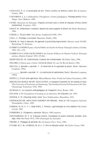 CANCLINI, N. G. A socialização da arte. Teoria e prática na América Latina. Rio de Janeiro:
  Cultrix, 1984.
CASTORINA, J. A. e colaboradores. Psicogênese e ilusões pedagógicas. Psicologia genética. Porto
  Alegre: Artes Médicas, 1988.
CEARÁ. Secretaria de Educação. Proposta curricular para o ensino de educação artística (ensino
  fundamental). Fortaleza: 1993.
CHAUÍ, M. Conformismo e resistência. Aspectos da cultura popular no Brasil. São Paulo: Brasiliense,
  1986.
COKER, J. The jazz idiom. New Jersey: Englewood Cliffs, 1975.
COLL, C. Psicología y currículum. Barcelona: Paidós, 1992.
CROOK, H. How to improvise. An approach to practicizing improvisation. Advance music D-7407,
  Rottenburg, N. Germany.
CURRÍCULO BÁSICO para a Escola Pública do Estado do Paraná. Educação artística, Curitiba.
  1992: 145 a 174.
CURRÍCULO E EDUCAÇÃO BÁSICA das Escolas Públicas do Distrito Federal. Educação
  artística, Distrito Federal. 1993: 375-461.
DEHENZELIN, M. Construtivismo. A poética das transformações. São Paulo: Ática, 1996.
DELORS, J. Educar para o futuro. Correio da Unesco. (6), ano 24, Rio de Janeiro: 1996.
DELVAL, J. Aprender a aprender. I - El desarrollo de la capacidad de pensar. Madri: Alhambra
  Longman, 1991a.
__________. Aprender a aprender. II - La construcción de explicaciones. Madri: Alhambra Longman,
  1991b.
DEWEY, J. El arte como experiencia. México/Buenos Aires: Fondo de Cultura Económica, 1949.
DISCIPLINE-BASED MUSIC EDUCATION: A conceptual framework for the teaching of music.
  The University of Tennessee at Chattanooga. The Southeast Center for Education in the Arts.
  Chattanooga Tennessee, USA, 1994.
DURAND, G. Les structures anthropologiques de l’imaginaire. Paris: Bordas, 1969.
EFLAND, A. D. Conceptions of teaching in art education. Art Education. abr. 1979.
EISNER, E. W. Educating artistic vision. Nova York/Londres: Macmillian, 1972.
FEDERAÇÃO DE ARTE-EDUCADORES DO BRASIL. Anais do VII Congresso Nacional.
  Florianópolis: Udesc, 1995.
FERRAZ, M. H. C. T. e SIQUEIRA, I. Vivência, experimentação ou livro didático? São Paulo:
  Loyola, 1987.
FERREIRO, E. Psicogénesis y educación. México, 1985 (mimeo).
FONTERRADA, M. T. O. Educação musical. Investigação em quatro momentos: prelúdio, coral,
  fuga e final. São Paulo: PUC, 1991 (dissertação de mestrado).
FREIRE, P. Pedagogia do oprimido. Rio de Janeiro: Paz e Terra, 1983.
FUSARI, M. F. R e FERRAZ, M. H. C. T. Arte na educação escolar. São Paulo: Cortez, 1992.



                                                80
 