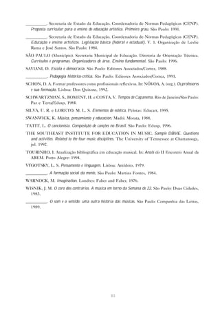 __________. Secretaria de Estado da Educação. Coordenadoria de Normas Pedagógicas (CENP).
  Proposta curricular para o ensino de educação artística. Primeiro grau. São Paulo: 1991.
__________. Secretaria de Estado da Educação. Coordenadoria de Normas Pedagógicas (CENP).
  Educação e ensino artísticos. Legislação básica (federal e estadual). V. 1. Organização de Leslie
  Rama e José Santos. São Paulo: 1984.
SÃO PAULO (Município). Secretaria Municipal de Educação. Diretoria de Orientação Técnica.
  Currículos e programas. Organizadores de área. Ensino fundamental. São Paulo: 1996.
SAVIANI, D. Escola e democracia. São Paulo: Editores Associados/Cortez, 1988.
__________. Pedagogia histórico-crítica. São Paulo: Editores Associados/Cortez, 1991.
SCHON, D. A. Formar professores como profissionais reflexivos. In: NÓVOA, A. (org.). Os professores
  e sua formação. Lisboa: Don Quixote, 1992.
SCHWARTZMAN, S., BOMENY, H. e COSTA, V. Tempos de Capanema. Rio de Janeiro/São Paulo:
  Paz e Terra/Edusp, 1984.
SILVA, U. R. e LORETO, M. L. S. Elementos de estética. Pelotas: Educart, 1995.
SWANWICK, K. Música, pensamiento y educación. Madri: Morata, 1988.
TATIT, L. O cancionista. Composição de canções no Brasil. São Paulo: Edusp, 1996.
THE SOUTHEAST INSTITUTE FOR EDUCATION IN MUSIC. Sample DBME. Questions
  and activities. Related to the four music disciplines. The University of Tennessee at Chattanooga,
  jul. 1992.
TOURINHO, I. Atualização bibliográfica em educação musical. In: Anais do II Encontro Anual da
  ABEM. Porto Alegre: 1994.
VYGOTSKY, L. S. Pensamento e linguagem. Lisboa: Antídoto, 1979.
__________. A formação social da mente. São Paulo: Martins Fontes, 1984.
WARNOCK, M. Imagination. Londres: Faber and Faber, 1976.
WISNIK, J. M. O coro dos contrários. A música em torno da Semana de 22. São Paulo: Duas Cidades,
  1983.
__________. O som e o sentido: uma outra história das músicas. São Paulo: Companhia das Letras,
  1989.




                                                 83
 