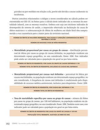 gravidez ou por medidas em relação a ela, porém não devida a causas acidentais ou
           incidentais.
          Outros conceitos relacionados e códigos a serem considerados no cálculo podem ser
      encontrados no CID-10. As fontes para o cálculo deste indicador são as mesmas da mor-
      talidade infantil, com as mesmas ressalvas. Embora este seja um excelente indicador de
      desempenho do sistema de saúde, a imprecisão observada na declaração da causa de
      óbitos maternos e a subenumeração de óbitos de mulheres em idade fértil têm compro-
      metido a sua consistência para a maior parte do território nacional.
          nÚmero De ÓBitos De mULheres resiDentes, Por CaUsas e ConDições ConsiDeraDas De ÓBito
                                            materno x 100.000

                                     nÚmero De nasCiDos ViVos De mães resiDentes




        » Mortalidade proporcional por causa ou grupo de causas – distribuição percen-
          tual de óbitos por causa ou grupo de causas definidas, na população residente em
          determinado espaço geográfico, no ano considerado. Fonte: SIM. Este indicador
          pode ainda ser calculado para a população em geral ou por faixa etária.
                nÚmero De ÓBitos De resiDentes, Por CaUsa oU GrUPo De CaUsas DeFiniDas x 100

                    nÚmero totaL De ÓBitos De resiDentes, exCLUÍDas as CaUsas maL DeFiniDas




        » Mortalidade proporcional por causas mal definidas – percentual de óbitos por
          causas mal definidas, na população residente em determinado espaço geográfico, no
          ano considerado. A frequência de causas mal definidas é condicionada pela dispo-
          nibilidade de recursos médico-assistenciais, inclusive para diagnóstico. Fonte: SIM.
                          nÚmero De ÓBitos De resiDentes, Por CaUsas maL DeFiniDas x 100

                                          nÚmero totaL De ÓBitos De resiDentes




        » Taxa de mortalidade específica por causa ou grupo de causas – número de óbitos
          por causa ou grupo de causas, por 100 mil habitantes, na população residente em de-
          terminado espaço geográfico, no ano considerado. Fonte: SIM. Também neste caso, este
          indicador pode ser calculado para a população em geral ou por faixa etária.
                     nÚmero De ÓBitos De resiDentes Por CaUsa oU GrUPo De CaUsas x 100.000

                                 PoPULação totaL resiDente, ajUstaDa ao meio Do ano




182     CONASS Para entender a gestão do SUS / 2011
 
