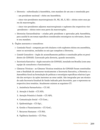 » Diretoria – subordinada à Assembleia, com mandato de um ano e constituída por:
     › um presidente nacional – eleito em Assembleia;
     › cinco vice-presidentes macrorregionais (N, NE, SE, S, SE) – eleitos entre seus pa-
     res da macrorregião;
     › cinco vice-presidentes adjuntos macrorregionais e suplentes dos respectivos vice-
     -presidentes – eleitos entre seus pares da macrorregião;
  » Diretorias Extraordinárias – criadas pelo presidente e aprovadas pela Assembleia,
    para auxiliá-lo em temas específicos considerados estratégicos ou relevantes, duran-
    te seu mandato.
b. Órgãos assessores e consultivos:
  » Comissão Fiscal – composta por três titulares e três suplentes eleitos em assembleia,
    entre os secretários, excluídos os seis que compõem a Diretoria;
  » Comitê Consultivo – órgão de aconselhamento político e constituído pelos ex-presi-
    dentes do CONASS. Convocado pela diretoria, quando necessário.
  » Secretaria Executiva – órgão executivo do CONASS, instalado em Brasília (com uma
    equipe de consultores e funcionários);
  » Câmaras Técnicas – as Câmaras Técnicas temáticas do CONASS foram constituídas
    com a finalidade de assessorar tecnicamente a Secretaria Executiva, a Diretoria e a
    Assembleia Geral na formulação de políticas e estratégias específicas relativas à ges-
    tão dos serviços e às ações inerentes ao setor saúde. São integradas por um técnico
    de cada Secretaria Estadual de Saúde indicado pelo Secretário, que o representa na
    respectiva área temática. Atualmente existem as seguintes CT:
     1. Assistência Farmacêutica – CT/AF;
     2. Atenção à Saúde – CT/ATS;
     3. Atenção Primária à Saúde – CT/APS;
     4. Comunicação Social – CT/Com.;
     5. Epidemiologia – CT/Epi.;
     6. Gestão e Financiamento – CT/Gesf.;
     7. Recursos Humanos – CT/RH;
     8. Vigilância Sanitária – CT/Visa;


                                                                      Sistema Único de Saúde   209
 