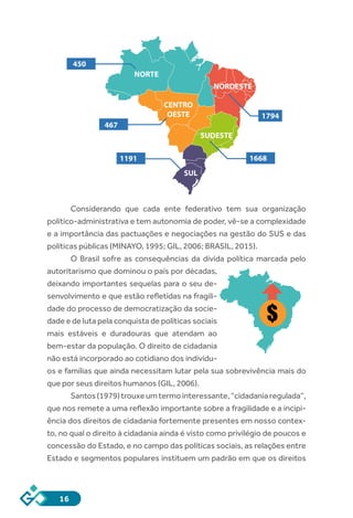 16
NORTE
NORDESTE
CENTRO
OESTE
SUDESTE
SUL
450
467
1191 1668
1794
Considerando que cada ente federativo tem sua organização
político-administrativa e tem autonomia de poder, vê-se a complexidade
e a importância das pactuações e negociações na gestão do SUS e das
políticas públicas (MINAYO, 1995; GIL, 2006; BRASIL, 2015).
O Brasil sofre as consequências da dívida política marcada pelo
autoritarismo que dominou o país por décadas,
deixando importantes sequelas para o seu de-
senvolvimento e que estão refletidas na fragili-
dade do processo de democratização da socie-
dade e de luta pela conquista de políticas sociais
mais estáveis e duradouras que atendam ao
bem-estar da população. O direito de cidadania
não está incorporado ao cotidiano dos indivídu-
os e famílias que ainda necessitam lutar pela sua sobrevivência mais do
que por seus direitos humanos (GIL, 2006).
Santos(1979)trouxeumtermointeressante,“cidadaniaregulada”,
que nos remete a uma reflexão importante sobre a fragilidade e a incipi-
ência dos direitos de cidadania fortemente presentes em nosso contex-
to, no qual o direito à cidadania ainda é visto como privilégio de poucos e
concessão do Estado, e no campo das políticas sociais, as relações entre
Estado e segmentos populares instituem um padrão em que os direitos
$
 