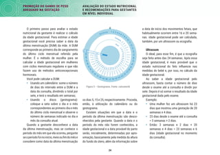 24
PROMOÇÃO DO GANHO DE PESO
ADEQUADO NA GESTAÇÃO
AVALIAÇÃO DO ESTADO NUTRICIONAL
E RECOMENDAÇÕES PARA GESTANTES
EM NÍVEL INDIVIDUAL
a data de início dos movimentos fetais, que
habitualmente ocorrem entre 16 e 20 sema-
nas. idade gestacional pode ser calculada,
também, por um ultrassom ou ecograﬁa.
Ultrassom
O ideal, para esse ﬁm, é que a ecograﬁa
seja feita antes das 24 semanas. Após essa
idade gestacional, é mais provável que o
estado nutricional do feto inﬂuencie nas
medidas do bebê e, por isso, no cálculo da
idade gestacional.
Ao saber a idade gestacional pelo
ultrassom, basta contar o número de dias
desde o exame até a consulta e dividir por
sete. Depois é só somar o resultado da idade
gestacional dada pelo exame.
Exemplo:
• Uma mulher fez um ultrassom há 23
dias que mostrou uma gestação de 20
semanas e 4 dias.
• 23 dias desde o exame até a consulta
= 3 semanas + 2 dias.
• Então: 3 semanas e 2 dias + 20
semanas e 4 dias = 23 semanas e 6
dias (idade gestacional no momento
da consulta).
os dias 5, 15 e 25, respectivamente. Proceda,
então, à utilização do calendário ou do
gestograma.
Existem situações em que a data e o
período da última menstruação são desco-
nhecidos pela gestante. Quando a data e o
período do mês não forem conhecidos, a
idade gestacional e a data provável do parto
serão, inicialmente, determinadas por apro-
ximação, basicamente pela medida da altura
do fundo do útero, além da informação sobre
O primeiro passo para avaliar o estado
nutricional da gestante é realizar o cálculo
da idade gestacional. Para estimar a idade
gestacional você precisa saber a data da
última menstruação (DUM) da mãe. A DUM
corresponde ao primeiro dia de sangramento
do último ciclo menstrual referido pela
mulher. É o método de escolha para se
calcular a idade gestacional em mulheres
com ciclos menstruais regulares e que não
fazem uso de métodos anticoncepcionais
hormonais.
Você pode calcular a DUM:
• Usando um calendário: some o número
de dias do intervalo entre a DUM e a
data da consulta, dividindo o total por
sete, e terá o resultado em semanas;
• Usando o disco (gestograma):
coloque a seta sobre o dia e o mês
correspondentes ao primeiro dia e mês
do último ciclo menstrual e observe o
número de semanas indicado no dia e
mês da consulta atual.
Quando a gestante desconhece a data
da última menstruação, mas se conhece o
período do mês em que ela ocorreu, pergunte
seoperíodofoinoinício,meioouﬁmdomêse
considere como data da última menstruação
Figura 5 – Gestograma. Fonte: calcuworld
 
