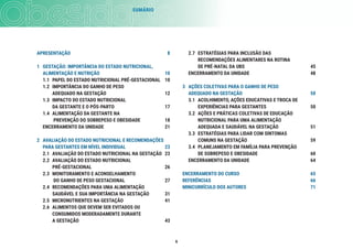 6
APRESENTAÇÃO 8
1 GESTAÇÃO: IMPORTÂNCIA DO ESTADO NUTRICIONAL,
ALIMENTAÇÃO E NUTRIÇÃO 10
1.1 PAPEL DO ESTADO NUTRICIONAL PRÉ-GESTACIONAL 10
1.2 IMPORTÂNCIA DO GANHO DE PESO
ADEQUADO NA GESTAÇÃO 12
1.3 IMPACTO DO ESTADO NUTRICIONAL
DA GESTANTE E O PÓS-PARTO 17
1.4 ALIMENTAÇÃO DA GESTANTE NA
PREVENÇÃO DO SOBREPESO E OBESIDADE 18
ENCERRAMENTO DA UNIDADE 21
2 AVALIAÇÃO DO ESTADO NUTRICIONAL E RECOMENDAÇÕES
PARA GESTANTES EM NÍVEL INDIVIDUAL 23
2.1 AVALIAÇÃO DO ESTADO NUTRICIONAL NA GESTAÇÃO 23
2.2 AVALIAÇÃO DO ESTADO NUTRICIONAL
PRÉ-GESTACIONAL 26
2.3 MONITORAMENTO E ACONSELHAMENTO
DO GANHO DE PESO GESTACIONAL 27
2.4 RECOMENDAÇÕES PARA UMA ALIMENTAÇÃO
SAUDÁVEL E SUA IMPORTÂNCIA NA GESTAÇÃO 31
2.5 MICRONUTRIENTES NA GESTAÇÃO 41
2.6 ALIMENTOS QUE DEVEM SER EVITADOS OU
CONSUMIDOS MODERADAMENTE DURANTE
A GESTAÇÃO 43
2.7 ESTRATÉGIAS PARA INCLUSÃO DAS
RECOMENDAÇÕES ALIMENTARES NA ROTINA
DE PRÉ-NATAL DA UBS 45
ENCERRAMENTO DA UNIDADE 48
3 AÇÕES COLETIVAS PARA O GANHO DE PESO
ADEQUADO NA GESTAÇÃO 50
3.1 ACOLHIMENTO, AÇÕES EDUCATIVAS E TROCA DE
EXPERIÊNCIAS PARA GESTANTES 50
3.2 AÇÕES E PRÁTICAS COLETIVAS DE EDUCAÇÃO
NUTRICIONAL PARA UMA ALIMENTAÇÃO
ADEQUADA E SAUDÁVEL NA GESTAÇÃO 51
3.3 ESTRATÉGIAS PARA LIDAR COM SINTOMAS
COMUNS NA GESTAÇÃO 59
3.4 PLANEJAMENTO EM FAMÍLIA PARA PREVENÇÃO
DE SOBREPESO E OBESIDADE 60
ENCERRAMENTO DA UNIDADE 64
ENCERRAMENTO DO CURSO 65
REFERÊNCIAS 66
MINICURRÍCULO DOS AUTORES 71
SUMÁRIO
 