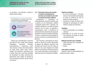 61
PROMOÇÃO DO GANHO DE PESO
ADEQUADO NA GESTAÇÃO
AÇÕES COLETIVAS PARA O GANHO
DE PESO ADEQUADO NA GESTAÇÃO
Objetivo da atividade:
• De forma descontraída e divertida,
mostrar a necessidade da participação
de todos os membros da casa na
divisão de tarefas culinárias.
• Apresentar um diário de bordo como
estratégia de participação de toda a
família no preparo dos alimentos.
Atividades
1. Roda de participação nas atividades
culinárias
2. Montagem de um diário de bordo
com sugestão de divisão de tarefas
culinárias da família
Material necessário para a atividade
• Folhas impressas com a tabelinha do
diário de bordo
• Caneta
Como aplicar a atividade
Imprima o diário de bordo/tabelinha de
divisão de tarefas a seguir:
3.4.1 Orientações básicas para inclusão
e incentivo à participação dos
parceiros nas consultas de pré-natal
e na divisão de tarefas culinárias
Considerando a importância do
compartilhamento de tarefas culinárias para
a garantia de uma alimentação saudável
e adequada durante toda a gestação, nas
consultas individuais e nas salas de espera,
converse com os casais ou gestantes e
acompanhantes sobre a importância da
participaçãodoacompanhantenosgruposde
gestantes e durante as atividades realizadas,
e reforce a importância da participação do
parceiro em todos os acompanhamentos de
pré-natal.
Para incentivar a participação de toda a
família na divisão de tarefas relacionadas
ao preparo das refeições, sugerimos uma
atividade que funciona como um diário de
bordo em que cada integrante da família
deﬁnirá a sua função em cada dia da semana
com o intuito de facilitar a rotina familiar. A
seguir descrevemos a atividade em detalhes.
no pós-parto, o que diﬁculta a descida e
ejeção do leite materno.
É recomendado que, nos grupos de gestantes,
os profissionais de saúde envolvidos
encorajem o planejamento de fatores como:
Quem irá cozinhar
no pós-parto?
Quem cuidará da limpeza e
manutenção da casa para
que a mulher possa se dedicar
à amamentação?
Reforce que a amamentação é essencial,
pois além de nutrir o bebê, trazer proteção
imunológica, prevenindo infecções
gastrointestinais e respiratórias, assim
como doenças crônicas não transmissíveis
em longo prazo, dentre outros fatores,
também traz benefícios importantes para
a mulher, dentre eles, uma maior facilidade
de recuperação do estado nutricional pré-
gestacional, maior rapidez na descida do
útero, prevenção de anemia, câncer de útero
e de mamas.
 