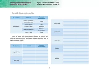 62
PROMOÇÃO DO GANHO DE PESO
ADEQUADO NA GESTAÇÃO
AÇÕES COLETIVAS PARA O GANHO
DE PESO ADEQUADO NA GESTAÇÃO
Exemplo de diário de bordo preenchido:
Dia da semana Atividade
Pessoa(s)
responsável(is)
segunda-feira
Picar os ingredientes
básicos da semana
Filhos
Cozinhar almoço Mãe
Cozinhar o jantar Parceiro/a
Lavar e secar a louça
Mãe lava e
parceiro/a seca
Colocar a mesa Filhos
Diário de bordo para planejamento semanal de preparo das
refeições para impressão (imprima o número adequado para os
participantes do grupo).
Dia da semana Atividade
Pessoa(s)
responsável(is)
segunda-feira
terça-feira
quarta-feira
quinta-feira
sexta-feira
sábado
domingo
 