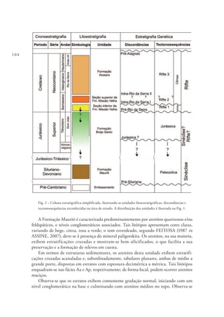 104
Fig. 2 – Coluna estratigráfica simplificada, ilustrando as unidades litoestratigráficas, discordâncias e
tectonossequências reconhecidas na área de estudo. A distribuição das unidades é ilustrada na Fig. 1.
A Formação Mauriti é caracterizada predominantemente por arenitos quartzosos e/ou
feldspáticos, e níveis conglomeráticos associados. Tais litótipos apresentam cores claras,
variando de bege, cinza, rosa a verde; o tom esverdeado, segundo FEITOSA (1987 in
ASSINE, 2007), deve-se à presença do mineral paligorskita. Os arenitos, na sua maioria,
exibem estratificações cruzadas e mostram-se bem silicificados, o que facilita a sua
preservação e a formação de relevos em cuesta.
Em termos de estruturas sedimentares, os arenitos desta unidade exibem estratifi-
cações cruzadas acanaladas e, subordinadamente, tabulares planares, ambas de médio a
grande porte, dispostas em estratos com espessura decimétrica a métrica. Tais litótipos
enquadram-se nas fácies Aa e Ap, respetivamente; de forma local, podem ocorrer arenitos
maciços.
Observa-se que os estratos exibem comumente gradação normal, iniciando com um
nível conglomerático na base e culminando com arenitos médios no topo. Observa-se
 