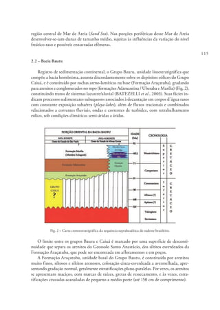 115
região central de Mar de Areia (Sand Sea). Nas porções periféricas desse Mar de Areia
desenvolver-se-iam dunas de tamanho médio, sujeitas às influências da variação do nível
freático raso e possíveis enxurradas efêmeras.
2.2 – Bacia Bauru
Registro de sedimentação continental, o Grupo Bauru, unidade litoestratigráfica que
compõe a bacia homônima, assenta discordantemente sobre os depósitos eólicos do Grupo
Caiuá, e é constituído por rochas areno-lamíticas na base (Formação Araçatuba), gradando
para arenitos e conglomerados no topo (formações Adamantina / Uberaba e Marília) (Fig. 2),
constituindo tratos de sistemas lacustre/aluvial (BATEZELLI et al., 2003). Suas fácies in-
dicam processos sedimentares subaquosos associados à decantação em corpos d’água rasos
com constante exposição subaérea (playa-lakes), além de fluxos tracionais e combinados
relacionados a correntes fluviais, ondas e correntes de turbidez, com retrabalhamento
eólico, sob condições climáticas semi-áridas a áridas.
Fig. 2 – Carta cronoestratigráfica da sequência suprabasáltica do sudeste brasileiro.
O limite entre os grupos Bauru e Caiuá é marcado por uma superfície de desconti-
nuidade que separa os arenitos do Geossolo Santo Anastácio, dos siltitos esverdeados da
Formação Araçatuba, que pode ser encontrada em afloramentos e em poços.
A Formação Araçatuba, unidade basal do Grupo Bauru, é constituída por arenitos
muito finos, siltosos e siltitos arenosos, coloração cinza-esverdeada a avermelhada, apre-
sentando gradação normal, geralmente estratificações plano-paralelas. Por vezes, os arenitos
se apresentam maciços, com marcas de raízes, gretas de ressecamento, e às vezes, estra-
tificações cruzadas acanaladas de pequeno a médio porte (até 150 cm de comprimento).
 