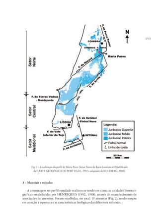 153
Fig. 1 – Localização do perfil de Maria Pares (Setor Norte da Bacia Lusitânica) (Modificado
da CARTA GEOLÓGICA DE PORTUGAL, 1992 e adaptado de KULLBERG, 2000).
3 – Materiais e métodos
A amostragem no perfil estudado realizou-se tendo em conta as unidades biostrati-
gráficas estabelecidas por HENRIQUES (1992, 1998), através do reconhecimento de
associações de amonites. Foram recolhidas, no total, 19 amostras (Fig. 2), tendo sempre
em atenção a espessura e as características litológicas das diferentes subzonas.
 