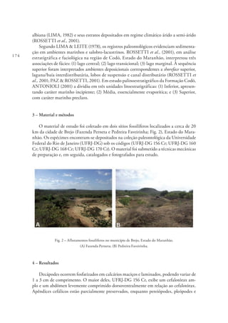 174
albiana (LIMA, 1982) e seus estratos depositados em regime climático árido a semi-árido
(ROSSETTI et al., 2001).
Segundo LIMA & LEITE (1978), os registros paleontológicos evidenciam sedimenta-
ção em ambientes marinhos e salobro-lacustrinos. ROSSETTI et al., (2001), em análise
estratigráfica e faciológica na região de Codó, Estado do Maranhão, interpretou três
associações de fácies: (1) lago central; (2) lago transicional; (3) lago marginal. À sequência
superior foram interpretados ambientes deposicionais correspondentes a shoreface superior,
laguna/baía interdistributária, lobos de suspensão e canal distributário (ROSSETTI et
al., 2001; PAZ & ROSSETTI, 2001). Em estudo palinoestratigráfico da Formação Codó,
ANTONIOLI (2001) a dividiu em três unidades litoestratigráficas: (1) Inferior, apresen-
tando caráter marinho incipiente; (2) Média, essencialmente evaporítica; e (3) Superior,
com caráter marinho preclaro.
3 – Material e métodos
O material de estudo foi coletado em dois sítios fossilíferos localizados a cerca de 20
km da cidade de Brejo (Fazenda Perneta e Pedreira Faveirinha; Fig. 2), Estado do Mara-
nhão. Os espécimes encontram-se depositados na coleção paleontológica da Universidade
Federal do Rio de Janeiro (UFRJ-DG) sob os códigos (UFRJ-DG 156 Cr; UFRJ-DG 160
Cr; UFRJ-DG 168 Cr; UFRJ-DG 170 Cr). O material foi submetido a técnicas mecânicas
de preparação e, em seguida, catalogados e fotografados para estudo.
Fig. 2 – Afloramentos fossilíferos no município de Brejo, Estado do Maranhão.
(A) Fazenda Perneta; (B) Pedreira Faveirinha.
4 – Resultados
Decápodes ocorrem fosfatizados em calcários maciços e laminados, podendo variar de
1 a 3 cm de comprimento. O maior deles, UFRJ-DG 156 Cr, exibe um cefalotórax am-
plo e um abdômen levemente comprimido dorsoventralmente em relação ao cefalotórax.
Apêndices cefálicos estão parcialmente preservados, enquanto pereiópodes, pleópodes e
 