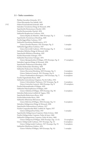 192
3.1 – Índice taxonómico
Phyllum Sarcodina Schmarda, 1871
Classe Rhyzopodea Von Siebold, 1845
Ordem Foraminiferida Eichwald, 1830
Subordem Textulariina Delage & Hérouard, 1896
Superfamília Hormosinacea Haeckel, 1894
Família Hormosinidae Haeckel, 1894
Subfamília Reophacinae Cushman, 1910
	Género Reophax de Montfort, 1808 (Estampa, Fig. 1)	 1 exemplar
Superfamília Textulariacea Ehrenberg, 1838
Família Eggerellidae Cushman, 1937
Subfamília Dorothiinae Balakhmatova, 1972
	Género Dorothia Plummer, 1931 (Estampa, Fig. 2)	 1 exemplar
Subfamília Eggerellinae Cushman, 1937
	Género Karreriella Cushman, 1933 (Estampa, Fig. 3)	 1 exemplar
Subordem Miliolina Delage & Hérouard, 1896
Superfamília Miliolacea Ehrenberg, 1839
Família Hauerinidae Schwager, 1876
Subfamília Hauerininae Schwager, 1876
	Género Quinqueloculina d’Orbigny, 1876 (Estampa, Fig. 4)	 17 exemplares
Subordem Lagenina Delage & Hérouard, 1896
Superfamília Nodosariacea Ehrenberg, 1838
Família Nodosariidae Ehrenberg, 1838
Subfamília Nodosariinae Ehrenberg, 1838
	Género Mucronina Ehrenberg, 1839 (Estampa, Fig. 5)	 2 exemplares
	Género Nodosaria Lamarck, 1812 (Estampa, Fig. 6)	 8 exemplares
	 Género Pseudonodosaria Boomgaart, 1949 (Estampa, Fig. 7)	 6 exemplares
Família Vaginulinidae Reuss, 1860
Subfamília Lenticulininae Chapman, Parr & Collins, 1934
Género Cribrorobulina Thalmann, 1947 (Estampa, Fig. 8)	 2 exemplares
Género Lenticulina Lamarck, 1804 (Estampa, Fig. 9)	 29 exemplares
Família Polymorphinidae d’Orbigny, 1839
Subfamília Polymorphininae d’Orbigny, 1839
	Género Globulina d’Orbigny, 1839 (Estampa, Fig. 10)	 2 exemplares
Subordem Robertinina Loeblich & Tappan, 1984
Superfamília Robertinacea Reuss, 1850
Família Robertinidae Reuss, 1850
Subfamília Alliatininae MsGowran, 1966
	Género Robertina d’Orbigny, 1846 (Estampa, Fig. 11)	 4 exemplares
Subordem Globigerinina Delage & Hérouard, 1896
Superfamília Globorotaliacea Cushman, 1927
Família Catapsydracidae Bolli, Loeblich & Tappan, 1957
	Género Globoquadrina Finlay, 1947	 1 exemplar
Superfamília Globigerinacea Carpenter, Parker & Jones, 1860
Família Globigerinidae Carpenter, Parker & Jones, 1860
Subfamília Globigerininae Carpenter, Parker & Jones, 1860
	Género Globigerina d’Orbigny, 1826 (Estampa, Figs. 12-13)	 14 exemplares
Género Globigerinella Cushman, 1927 (Estampa, Fig. 14)	 6 exemplares
	Género Globigerinoides Cushman, 1927 (Estampa, Fig. 15)	 5 exemplares
Subfamília Orbulininae Schultze, 1854
	Género Orbulina d’Orbigny, 1839 (Estampa, Fig. 16)	 1 exemplar
 
