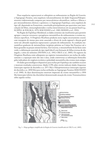 243
Duas sequências supracrustais se sobrepõem ao embasamento na Região de Gouveia:
o Supergrupo Paraúna, uma sequência vulcanosedimentar de idade Arqueana/Paleopro-
terozoica indeterminada composta por metavulcânicas ultramáficas, máficas e félsicas e
por metassedimentos clásticos e químicos; e o Supergrupo Espinhaço, uma sequência do
tipo rift, depositada no Estateriano, constituída principalmente por quartzitos com inter-
calações de filitos, metaconglomerados e rochas metavulcânicas em sua porção basal (e.g.,
SCHÖLL & FOGAÇA, 1979; MACHADO et al., 1989, DOSSIN et al., 1992).
Na Região do Espinhaço Meridional, os dados existentes são insuficientes para permitir
agrupar e associar estruturas e paragêneses metamórficas do embasamento a eventos tec-
tônicos específicos. A Orogênese Brasiliana produziu nesta região encurtamento crustal,
com transporte de massas para oeste associado a thrusts de escala regional e direção geral
norte-sul, afetando sequências supracrustais e porções do embasamento. As condições me-
tamórficas gradaram de metamorfismo incipiente próximo ao Cráton São Francisco até a
fácies granulito na porção oriental da faixa. Em Gouveia, o metamorfismo foi da fácies xisto
verde e a deformação associada do tipo rúptil-dúctil com formação de falhas reversas de alto
ângulo, e séries de milonitos (DUSSIN et al., 1992; CRUZ et al., 2005). Os registros da
Orogênese Brasiliana estão sobrepostos aos registros transamazônicos nas rochas do emba-
samento e a separação entre eles não é clara, sendo controversas as informações fornecidas
pelos indicadores de vergência tectônica e polaridade metamórfica dos eventos mais antigos.
Os dados geocronológicos disponíveis para rochas pré-Espinhaço são também escassos
e mostram resultados controversos. Idades U/Pb sobre zircões indicam idades Arqueanas
(intercepto superior de discórdia a ca. 2971 Ma) e Paleoproterozoicas (intercepto superior
de discórdia a ca. 2050 Ma) para rochas atribuídas ao Supergrupo Paraúna (MACHADO
et al. 1989). As duas determinações mostram impressão de evento metamórfico a 1850
Ma (intercepto inferior das discórdias) demonstrando atuação do evento Transamazônico
sobre aquelas rochas.
Fig. 1 – Mapa geológico simplificado da Região de Gouveia (modificado de CRUZ et al., 2005).
 