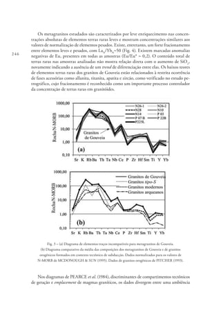 246
Os metagranitos estudados são caracterizados por leve enriquecimento nas concen-
trações absolutas de elementos terras raras leves e mostram concentrações similares aos
valores de normalização de elementos pesados. Existe, entretanto, um forte fracionamento
entre elementos leves e pesados, com LaN
/YbN
~50 (Fig. 4). Existem marcadas anomalias
negativas de Eu, presentes em todas as amostras (Eu/Eu* ~ 0,2). O conteúdo total de
terras raras nas amostras analisadas não mostra relação direta com o aumento de SiO2
,
novamente indicando a ausência de um trend de diferenciação entre elas. Os baixos teores
de elementos terras raras dos granitos de Gouveia estão relacionados à restrita ocorrência
de fases acessórias como allanita, titanita, apatita e zircão, como verificado no estudo pe-
trográfico, cujo fracionamento é reconhecido como um importante processo controlador
da concentração de terras raras em granitóides.
Fig. 3 – (a) Diagrama de elementos traços incompatíveis para metagranitos de Gouveia.
(b) Diagrama comparativo da média das composições dos metagranitos de Gouveia e de granitos
orogênicos formados em contexto tectônico de subducção. Dados normalizados para os valores de
N-MORB de MCDONOUGH & SUN (1995). Dados de granitos orogênicos de PITCHER (1993).
Nos diagramas de PEARCE et al. (1984), discriminantes de compartimentos tectônicos
de geração e emplacement de magmas graníticos, os dados divergem entre uma ambiência
 