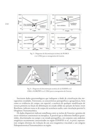 248
Fig. 5 – Diagramas de discriminação tectônica de PEARCE
et al. (1984) para os metagranitos de Gouveia.
Fig. 6 – Diagramas de discriminação tectônica de (a) HARRIS et al.
(1986) e (b) BROWN et al. (1984) para os metagranitos de Gouveia.
Inexistem dados geocronológicos que indiquem a idade de cristalização dos me-
tagranitos estudados. Entretanto, as características petrográficas e geoquímicas, bem
como as evidências de campo, em especial, a ausência de qualquer modificação de
textura primária ou feição de deformação no estado sólido nas porções de baixo strain
Brasiliano, indicam tratar-se de corpos de ocorrência tardia, com vinculação provável à
Orogênese Transamazônica.
Os dados disponíveis indicam semelhança entre as rochas de Gouveia e granitos de
arcos vulcânicos continentais ou intraplaca. É possível que as diferentes litofácies grani-
tóides, discriminadas no campo e no estudo petrográfico, em conjunto com andesitos
orogênicos recentemente caracterizados na região (CHAVES et al., in press), represen-
tem estágios distintos da evolução de um arco magmático vinculado a um orógeno
Paleoproterozoico/Transamazônico na região.
 