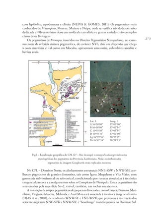 273
com lepidolite, espodumena e elbaite (NEIVA & GOMES, 2011). Os pegmatitos mais
conhecidos de Marropino, Morrua, Muiane e Naipa, onde se verifica atividade extrativa
dedicada a Nb-tantalatos ricos em molécula tantalítica e gemas variadas, são exemplos
claros desta linhagem.
Os pegmatitos de Monapo, inseridos no Distrito Pegmatítico Nampuliano, no extre-
mo norte da referida cintura pegmatítica, de carácter NYF, têm um dispersão que chega
à costa marítima e, tal como em Mocuba, apresentam amazonite, columbite>tantalite e
berilos azuis.
Fig.1 – Localização geográfica do CPL (27 – Rio Licungo) e zonografia das especializações
metalogénicas dos pegmatitos da Província Zambeziana. Nota: os símbolos dos
pegmatitos da imagem Googlearth estão explicados no texto.
No CPL – Domínio Norte, os alinhamentos estruturais NNE-SSW e NNW-SSE aco-
lheram pegmatitos de grandes dimensões, tais como Ígaro, Mugulama e Vila Maior, com
geometria sub-horizontal ou subvertical, condicionada por ruturas associadas à tectónica
tangencial precoce e cavalgamentos sobre o Complexo de Nampula. Estes pegmatitos são
atravessados pela superfície Sn+2, visível, também, nas rochas encaixantes.
A instalação de corpos pegmatíticos de pequenas dimensões, como Careca, Bismuto, Mur-
ribane, Virgínia, Scheelite, Melatube e Azul Mais está associada à tectónica tangencial tardia
(DIAS et al., 2008), de tendência WNW-SE e ENE-WSW, que provocou a reativação dos
acidentes regionais NNE-SSW e NNW-SSE e “boudinage” mais frequentes no Domínio Sul.
Lat. S 	 Long. E
A 16º50’00” 	 37º00’00”
B 16º50’00” 	 37º05’54’’
C 16º55’10” 	 37º05’54’’
D 16º55’10” 	 37º00’00’’
Lg 16º39’56” 	 36º55’55’’
Po 16º47’34” 	 36º58’23’’
 