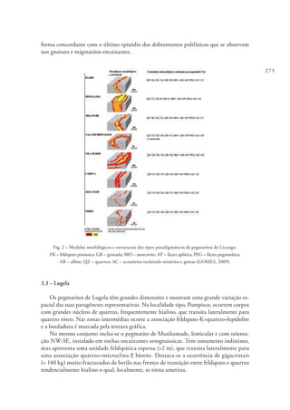 275
forma concordante com o último episódio dos dobramentos polifásicos que se observam
nos gnaisses e migmatitos encaixantes.
Fig. 2 – Modelos morfológicos e estruturais dos tipos paradigmáticos de pegmatitos do Licungo.
FK – feldspato potássico; GR – granada; MO – moscovite; AP – fácies aplítica; PEG – fácies pegmatítica;
AB – albite; QZ – quartzo; AC – acessórios incluindo minérios e gemas (GOMES, 2009).
3.3 – Lugela
Os pegmatitos de Lugela têm grandes dimensões e mostram uma grande variação es-
pacial das suas paragéneses representativas. Na localidade tipo, Pompisco, ocorrem corpos
com grandes núcleos de quartzo, frequentemente hialino, que transita lateralmente para
quartzo róseo. Nas zonas intermédias ocorre a associação feldspato-K+quartzo+lepidolite
e a bordadura é marcada pela textura gráfica.
No mesmo conjunto inclui-se o pegmatito de Munhamade, lenticular e com orienta-
ção NW-SE, instalado em rochas encaixantes ortognaissicas. Tem zonamento indistinto,
mas apresenta uma unidade feldspática espessa (>2 m), que transita lateralmente para
uma associação quartzo+microclina ± biotite. Destaca-se a ocorrência de gigacristais
(> 140 kg) muito fracturados de berilo nas frentes de transição entre feldspato e quartzo
tendencialmente hialino o qual, localmente, se torna ametista.
 
