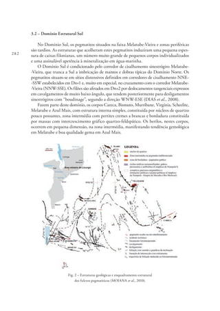 282
3.2 – Domínio Estrutural Sul
No Domínio Sul, os pegmatitos situados na faixa Melatube-Vieira e zonas periféricas
são tardios. As estruturas que acolheram estes pegmatitos induziram uma pequena espes-
sura de caixas filonianas, um número muito grande de pequenos corpos individualizados
e uma assinalável apetência à mineralização em água-marinha.
O Domínio Sul é condicionado pelo corredor de cisalhamento sinestrógiro Melatube-
-Vieira, que trunca a Sul a imbricação de mantos e dobras típicas do Domínio Norte. Os
pegmatitos situam-se em sítios distensivos definidos em corredores de cisalhamento NNE-
-SSW estabelecidos em Dn+1 e, muito em especial, no cruzamento com o corredor Melatube-
-Vieira (NNW-SSE). Os filões são afetados em Dn+2 por deslocamentos tangenciais expressos
em cavalgamentos de muito baixo ângulo, que tendem posteriormente para desligamentos
sinestrógiros com “boudinage”, segundo a direção WNW-ESE (DIAS et al., 2008).
Fazem parte deste domínio, os corpos Careca, Bismuto, Murribane, Virgínia, Scheelite,
Melatube e Azul Mais, com estrutura interna simples, constituída por núcleos de quartzo
pouco possantes, zona intermédia com pertites cremes a brancas e bordadura constituída
por massas com intercrescimento gráfico quartzo-feldspático. Os berilos, nestes corpos,
ocorrem em pequena dimensão, na zona intermédia, manifestando tendência gemológica
em Melatube e boa qualidade gema em Azul Mais.
Fig. 2 – Estruturas geológicas e enquadramento estrutural
dos fulcros pegmatíticos (MOIANA et al., 2010).
 