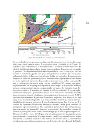 291
Fig. 1– Localização da área estudada no contexto tectónico.
foram analisados e interpretados em diagramas bivariantes do tipo Harker. Para estes
diagramas, construíram-se curvas de regressão e foram calculados os coeficientes de
correlação para cada uma das curvas construídas. Os valores de r são indicativos do
nível de significância da correlação testada para um conjunto de amostras de população
n qualquer. Os valores então obtidos definem como boas, tanto as correlações lineares
quanto as polinomiais, porém com graus de significância melhores para correlações
polinomiais (tabela 3). Portanto, os resultados obtidos são indicativos de que processos
magmáticos evolutivos geradores de padrões polinomiais em diagramas bivariantes devem
ter maior significado na história de evolução do conjunto destas rochas. Considerando
que as amostras que apresentam maior e menor conteúdo em SiO2
possam representar,
respectivamente, um magma parental potencial e um magma mais evoluído, podemos
estudar o comportamento das razões apresentadas por alguns dos elementos traço elei-
tos como traçadores de um eventual processo de diferenciação (Zr/Hf, por exemplo).
Neste caso, temos que a possibilidade de que todas essas rochas possam ter evoluído
por um processo único de cristalização fracionada deva ser descartada. A razão Zr/Hf é
um indicador importante de processos de evolução magmática. Em função de sua alta
carga e raio relativamente grande, o Zr forma uma fase mineral que ocorre individu-
alizada (zircão), durante o processo de cristalização magmática. Essa fase, em geral, é
comum aos tipos mais diferenciados. Devemos considerar, ainda, que o elemento Hf
acompanha o posicionamento do Zr e é camuflado por ele. Com base nesta premissa,
devemos admitir que a razão Zr/Hf deve ser pouco variável durante todo o processo de
diferenciação magmática que envolva um mesmo grupo de rochas (grupo cogenético).
No caso estudado, a razão Zr/Hf apresenta variações maiores do que aquelas aceitas
para que um processo evolutivo desse tipo possa ser considerado como efetivo (na ordem
máxima de 1,5), quando assumimos uma evolução por processo único. Ao observarmos
os valores das razões obtidas para as rochas ortoderivadas pré e sin-colisionais da Cidade
 