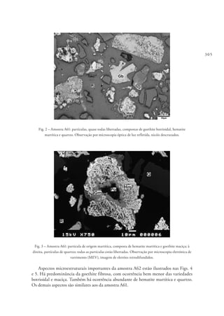 305
Fig. 2 – Amostra A61: partículas, quase todas libertadas, compostas de goethite botrioidal, hematite
martítica e quartzo. Observação por microscopia óptica de luz refletida, nicóis descruzados.
Fig. 3 – Amostra A61: partícula de origem martítica, composta de hematite martítica e goethite maciça; à
direita, partículas de quartzo; todas as partículas estão libertadas. Observação por microscopia eletrónica de
varrimento (MEV), imagem de eletrões retrodifundidos.
Aspectos microestruturais importantes da amostra A62 estão ilustrados nas Figs. 4
e 5. Há predominância da goethite fibrosa, com ocorrência bem menor das variedades
botrioidal e maciça. Também há ocorrência abundante de hematite martítica e quartzo.
Os demais aspectos são similares aos da amostra A61.
 