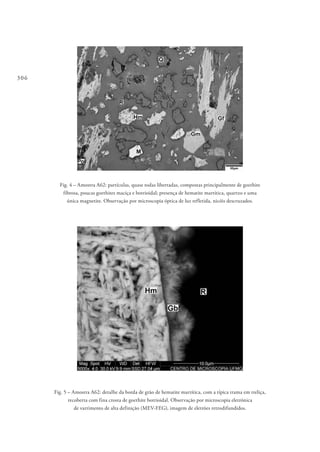 306
Fig. 4 – Amostra A62: partículas, quase todas libertadas, compostas principalmente de goethite
fibrosa, poucas goethites maciça e botrioidal; presença de hematite martítica, quartzo e uma
única magnetite. Observação por microscopia óptica de luz refletida, nicóis descruzados.
Fig. 5 – Amostra A62: detalhe da borda de grão de hematite martítica, com a típica trama em treliça,
recoberta com fina crosta de goethite botrioidal. Observação por microscopia eletrónica
de varrimento de alta definição (MEV-FEG), imagem de eletrões retrodifundidos.
 