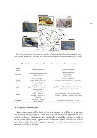 341
Fig. 1 – Localização dos espaços mineiros estudados – microfotografias selecionadas para alguns tipos
característicos dos modos de ocorrência da scorodite (ilustram alguns dos aspetos considerados na tabela 2).
Tabela 1 – Paragéneses típicas dos diferentes ambientes mineiros onde ocorre scorodite.
Espaço
mineiro
Paragénese primária Paragénese secundária
Castelhão
pirite/marcassite>arsenopirite>>
volframite>blenda
scorodite > goethite >>
farmacossiderite >
enxofre nativo
Argas-
-Cerquido
arsenopirite>pirite>
blenda> galena>calcopirite>
volframite>>scheelite>>
tungstatos de Pb
goethite ≈ scorodite>>
beudantite–segnitite > mimetite > carminite >
rooseveltite> arsenobismite > covellite > enxofre
>fosgenite
Tibães
arsenopirite>pirite>marcassite>
blenda>volframite>calcopirite>>
apatite>pirrotite
goethite ≈ scorodite > farmacossiderite > enxofre >
covellite > strengite >> yanomamite
Adoria
arsenopirite > pirite >
galena > blenda >>
volframite > cassiterite >>
calcopirite
goethite ≈ scorodite > beudantite > mimetite >
carminite > torbernite > anglesite > brochantite
Penedono
arsenopirite > pirite >
galena > blenda
fases metaestáveis> scorodite > goethite
2.1 – Programa de amostragem
A amostragem contemplou: locais onde a área ocupada por resíduos era vasta, locais
com diferentes configurações e calibres dos materiais acumulados e portadores de ar-
senopirite, diferentes relações entre a localização dos acumulados estéreis e a posição de
infraestruturas de tratamento – por exemplo, diferentes níveis de proximidade, relativa-
mente às escavações (trincheiras, poços ou galerias) – e, ainda, escorrências peculiares e
pontos de acumulação de água.
 