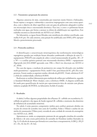 343
2.2 – Tratamento e preparação das amostras
Algumas amostras de mão, constituídas por materiais muito friáveis e hidratados,
foram sujeitas a secagem e submetidas a sucessivas impregnações com uma resina epoxí-
dica, com o objetivo de obter superfícies com um grau de polimento adequado à análise
em microscópio ótico e microssonda eletrónica. Para isso, o corte e o polimento foram
realizados sem água, por forma a atenuar os efeitos da solubilização nas superfícies. Este
trabalho encontra-se desenvolvido em ALVES et al. (2010).
No laboratório, as águas foram filtradas com membrana de celulose esterilizada, com
malha 0.45 μm. De cada amostra, uma porção foi acidificada com HNO3
65% suprapur
Merck e posteriormente processada.
2.3 – Protocolos analíticos
A identificação e caracterização mineroquímica das neoformações mineralógicas
supergénicas geradas por oxidação foram efetuadas combinando a difração de raios X –
equipamento PHILIPS com ampola de cobre e cristal monocromador de grafite, 2θ = 2º
a 70º – e a análise química pontual com microssonda eletrónica (MSE) – equipamento
Hyperprobe Jeol JXA-8500F operando com 15Kv e 20nA (ver descrição em ALVES et
al., 2010).
No caso das águas, a medição de parâmetros em campo foi efetuada com medidor
multi-paramétrico – equipamento Orion, model 5 Star, para leitura de EC, pH, Eh e tem-
peratura. Foram usadas as seguintes sondas: elétrodo de pH/ATC Triode, referência 91-07
e célula de condutividade, referência 013010.
Realizaram-se análises laboratoriais para medição do sulfato por turbidimetria, segundo
o Standard Methods for Water Analysis, com a referência 4500E. A alíquota acidificada
foi usada para quantificação de metais por espectrometria ótica de emissão com plasma
indutivo acoplado (ICP/OES), no laboratório Actlabs (Canada).
3 – Resultados
A tabela 3 reflete algumas propriedades dos efluentes (E- colhido em escombreira; G-
colhido em galeria) e das águas de fundo regional (R- colhidas a montante dos domínios
de influência de acumulados mineiros).
Na tabela 4 estão patentes composições médias para análises pontuais obtidas em
secções de cristais de scorodite (nos casos de Castelhão, Fulão e Tibães) e análise de um
núcleo de yanomamite (Tibães-ynm), extraída de uma cavidade de corrosão de arsenopirite
(ver ALVES et al., 2010).
Apresentam-se, ainda, as composições pontuais de um agregado cristalino de scorodite
de Adoria e de uma crusta pulverulenta de scorodite de Penedono (ambos ilustrados na
Fig. 1). O cálculo de átomos por fórmula teve como base a estequiometria, A (BO4
). 2H2
O
[A = (Fe, Al, In); B = (P, As)].
 