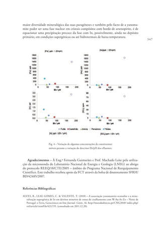 347
maior diversidade mineralógica das suas paragéneses e também pelo facto de a yanoma-
mite poder ser uma fase nuclear em cristais compósitos com bordo de arsenopirite, é de
equacionar uma precipitação precoce da fase com In, possivelmente, ainda no depósito
primário, em condições supergénicas ou até hidrotermais de baixa temperatura.
Fig. 4 – Variação de algumas concentrações de constituintes
móveis perante a variação do descritor Eh/pH dos efluentes.
Agradecimentos – À Eng.ª Fernanda Guimarães e Prof. Machado Leite pela utiliza-
ção da microssonda do Laboratório Nacional de Energia e Geologia (LNEG) ao abrigo
do protocolo REEQ/18/CTE/2005 – âmbito do Programa Nacional de Reequipamento
Científico. Este trabalho recebeu apoio da FCT através da bolsa de doutoramento SFRH/
BD/42485/2007.
Referências Bibliográficas
ALVES, R., LEAL GOMES, C. & VALENTE, T. (2010) – A associação yanomamite-scorodite e a mine-
ralização supergénica de In em detritos mineiros de zonas de cisalhamento com W-Au-As Zn – Norte de
Portugal. e-Terra, Geosciences on-line Journal, Geotic, 16. http://metododirecto.pt/CNG2010/ index.php/
vol/article/viewFile/421/155. (consultado em 2011.12.20).
 