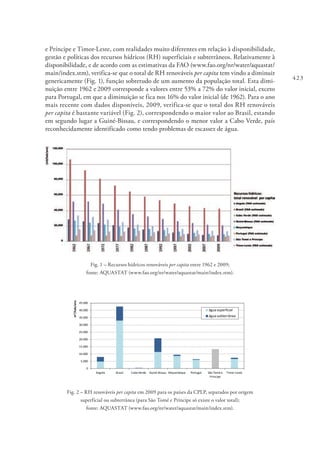 423
e Príncipe e Timor-Leste, com realidades muito diferentes em relação à disponibilidade,
gestão e políticas dos recursos hídricos (RH) superficiais e subterrâneos. Relativamente à
disponibilidade, e de acordo com as estimativas da FAO (www.fao.org/nr/water/aquastat/
main/index.stm), verifica-se que o total de RH renováveis per capita tem vindo a diminuir
genericamente (Fig. 1), função sobretudo de um aumento da população total. Esta dimi-
nuição entre 1962 e 2009 corresponde a valores entre 53% a 72% do valor inicial, exceto
para Portugal, em que a diminuição se fica nos 16% do valor inicial (de 1962). Para o ano
mais recente com dados disponíveis, 2009, verifica-se que o total dos RH renováveis
per capita é bastante variável (Fig. 2), correspondendo o maior valor ao Brasil, estando
em segundo lugar a Guiné-Bissau, e correspondendo o menor valor a Cabo Verde, país
reconhecidamente identificado como tendo problemas de escassez de água.
Fig. 1 – Recursos hídricos renováveis per capita entre 1962 e 2009;
fonte: AQUASTAT (www.fao.org/nr/water/aquastat/main/index.stm).
0
5.000
10.000
15.000
20.000
25.000
30.000
35.000
40.000
45.000
Angola Brasil Cabo Verde Guiné-Bissau Moçambique Portugal São Tomé e
Príncipe
Timor-Leste
água superficial
água subterrânea
m3/hab/ano
Fig. 2 – RH renováveis per capita em 2009 para os países da CPLP, separados por origem
superficial ou subterrânea (para São Tomé e Príncipe só existe o valor total);
fonte: AQUASTAT (www.fao.org/nr/water/aquastat/main/index.stm).
 