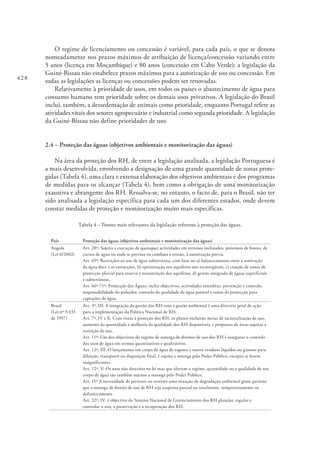 428
O regime de licenciamento ou concessão é variável, para cada país, o que se denota
nomeadamente nos prazos máximos de atribuição de licença/concessão variando entre
5 anos (licença em Moçambique) e 80 anos (concessão em Cabo Verde); a legislação da
Guiné-Bissau não estabelece prazos máximos para a autorização de uso ou concessão. Em
todas as legislações as licenças ou concessões podem ser renovadas.
Relativamente à prioridade de usos, em todos os países o abastecimento de água para
consumo humano tem prioridade sobre os demais usos privativos. A legislação do Brasil
inclui, também, a dessedentação de animais como prioridade, enquanto Portugal refere as
atividades vitais dos setores agropecuário e industrial como segunda prioridade. A legislação
da Guiné-Bissau não define prioridades de uso.
2.4 – Proteção das águas (objetivos ambientais e monitorização das águas)
Na área da proteção dos RH, de entre a legislação analisada, a legislação Portuguesa é
a mais desenvolvida, envolvendo a designação de uma grande quantidade de zonas prote-
gidas (Tabela 4), uma clara e extensa elaboração dos objetivos ambientais e dos programas
de medidas para os alcançar (Tabela 4), bem como a obrigação de uma monitorização
exaustiva e abrangente dos RH. Ressalva-se, no entanto, o facto de, para o Brasil, não ter
sido analisada a legislação específica para cada um dos diferentes estados, onde devem
constar medidas de proteção e monitorização muito mais específicas.
Tabela 4 – Pontos mais relevantes da legislação referente à proteção das águas.
País Proteção das águas (objetivos ambientais e monitorização das águas)
Angola
(Lei 6/2002)
Art. 28º: Sujeita a execução de quaisquer actividades em terrenos inclinados, próximos de fontes, de
cursos de água ou onde se previna ou combata a erosão, à autorização previa.
Art. 65º: Restrições ao uso de água subterrânea, com base no a) balanceamento entre a renovação
da água doce e as extracções, b) optimização nos aquíferos não recarregáveis, c) criação de zonas de
protecção pluvial para reserva e manutenção dos aquíferos, d) gestão integrada de águas superficiais
e subterrâneas.
Art. 66º-71º: Protecção das Águas, inclui objectivos, actividades interditas, prevenção e controlo,
responsabilidade do poluidor, controlo de qualidade de água potável e zonas de protecção para
captações de água.
Brasil
(Lei nº 9.433
de 1997)
Art. 3º, III: A integração da gestão dos RH com a gestão ambiental é uma directriz geral de ação
para a implementação da Política Nacional de RH.
Art. 7º, IV e X: Com vistas à proteção dos RH, os planos incluirão metas de racionalização de uso,
aumento da quantidade e melhoria da qualidade dos RH disponíveis, e propostas de áreas sujeitas a
restrição de uso.
Art. 11º: Um dos objectivos do regime de outorga de direitos de uso dos RH é assegurar o controlo
dos usos de água em termos quantitativos e qualitativos.
Art. 12º, III: O lançamento em corpo de água de esgotos e outros resíduos líquidos ou gasosos para
diluição, transporte ou disposição final, é sujeito a outorga pelo Poder Público, excepto se forem
insignificantes.
Art. 12º, V: Os usos não descritos na lei mas que alterem o regime, quantidade ou a qualidade de um
corpo de água são também sujeitos a outorga pelo Poder Público.
Art. 15º A necessidade de prevenir ou reverter uma situação de degradação ambiental grave permite
que a outorga de direito de uso de RH seja suspensa parcial ou totalmente, temporariamente ou
definitivamente.
Art. 32º, IV: é objectivo do Sistema Nacional de Gerenciamento dos RH planejar, regular e
controlar o uso, a preservação e a recuperação dos RH.
 