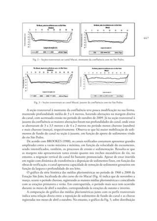 467
Fig. 2 – Seções transversais ao canal Macaé, montante da confluência com rio São Pedro.
Fig. 3 – Seções transversais ao canal Macaé, jusante da confluência com rio São Pedro.
A seção transversal à montante da confluência teve pouca modificação na sua forma,
mantendo profundidade média de 3 a 4 metros, havendo alterações na margem direita
do canal, com acentuada erosão no período de outubro de 2009. Já na seção transversal à
jusante da confluência as maiores alterações foram nas profundidades do canal, onde estas
se alternaram de 3 a 3,5 metros e de 4 a 2 metros no período menos chuvoso (outubro)
e mais chuvoso (março), respectivamente. Observa-se que há maior mobilização de sedi-
mentos de fundo do canal na seção à jusante, em função do aporte de sedimentos vindo
do rio São Pedro.
De acordo com BROOKES (1988), os canais retificados costumam apresentar grandes
amplitudes entre a vazão máxima e mínima, em função da velocidade do escoamento,
sendo intensificados, também, os processos de erosão e sedimentação. Ressalta-se que
as margens não apresentaram tanta erosão quanto nos trechos meandricos do rio, no
entanto, a migração vertical do canal foi bastante pronunciada. Apesar de estar inserida
em região com dinâmica de transferência e deposição de sedimentos finos, em função das
obras de retificação, o canal apresenta capacidade de remoção de sedimentos grosseiros em
função da largura e profundidade do seu leito.
O gráfico da série histórica das médias pluviométricas no período de 1960 a 2008 da
Estação São João, localizada do alto curso do rio Macaé (Fig. 4) indica que de novembro a
março, ocorre o período chuvoso, registrando as maiores médias pluviométricas e coincidindo
com as estações primavera e verão. Em contrapartida, o período mais seco tem ocorrido
durante os meses de abril a outubro, correspondendo às estações de outono e inverno.
A comparação do gráfico das médias pluviométricas junto com os perfis transversais
indica uma relação direta entre a reposição de sedimentos de fundo do canal e as chuvas
registradas nos meses de abril a outubro. No entanto, o gráfico da Fig. 5, sobre distribuição
 