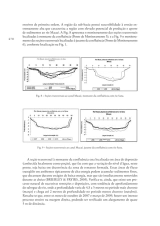 470
erosivos de primeira ordem. A região da sub-bacia possui suscetibilidade à erosão ex-
tremamente alta que caracteriza a região com elevado potencial de produção e aporte
de sedimentos ao rio Macaé. A Fig. 8 apresenta o monitoramento das seções transversais
localizadas à montante da confluência (Ponto de Monitoramento 5), e a Fig. 9 o monitora-
mento das seções transversais localizadas à jusante da confluência (Ponto de Monitoramento
6), conforme localização na Fig. 1.
Fig. 8 – Seções transversais ao canal Macaé, montante da confluência com rio Sana.
Fig. 9 – Seções transversais ao canal Macaé, jusante da confluência com rio Sana.
A seção transversal à montante da confluência esta localizada em área de depressão
(conhecida localmente como poção), que faz com que a variação do nível d’água, nesse
ponto, seja baixa em decorrência da zona de remanso formada. Essas áreas de fluxo
tranqüilo em ambientes tipicamente de alta energia podem acumular sedimentos finos,
que decantam durante estágios de baixa energia, mas que são imediatamente removidos
durante as cheias (BRIERLEY & FRYIRS, 2005). Verifica-se, ainda, que existe um pro-
cesso natural de sucessivas remoções e deposições, com tendência de aprofundamento
do talvegue do rio, onde a profundidade varia de 4,5 a 5 metros no período mais chuvoso
(março) e chega até 2 metros de profundidade no período menos chuvoso (outubro).
Ressalta-se que, entre os meses de outubro de 2007 e março de 2009, houve um intenso
processo erosivo na margem direita, podendo ser verificado um alargamento de quase
5 m de distância.
 